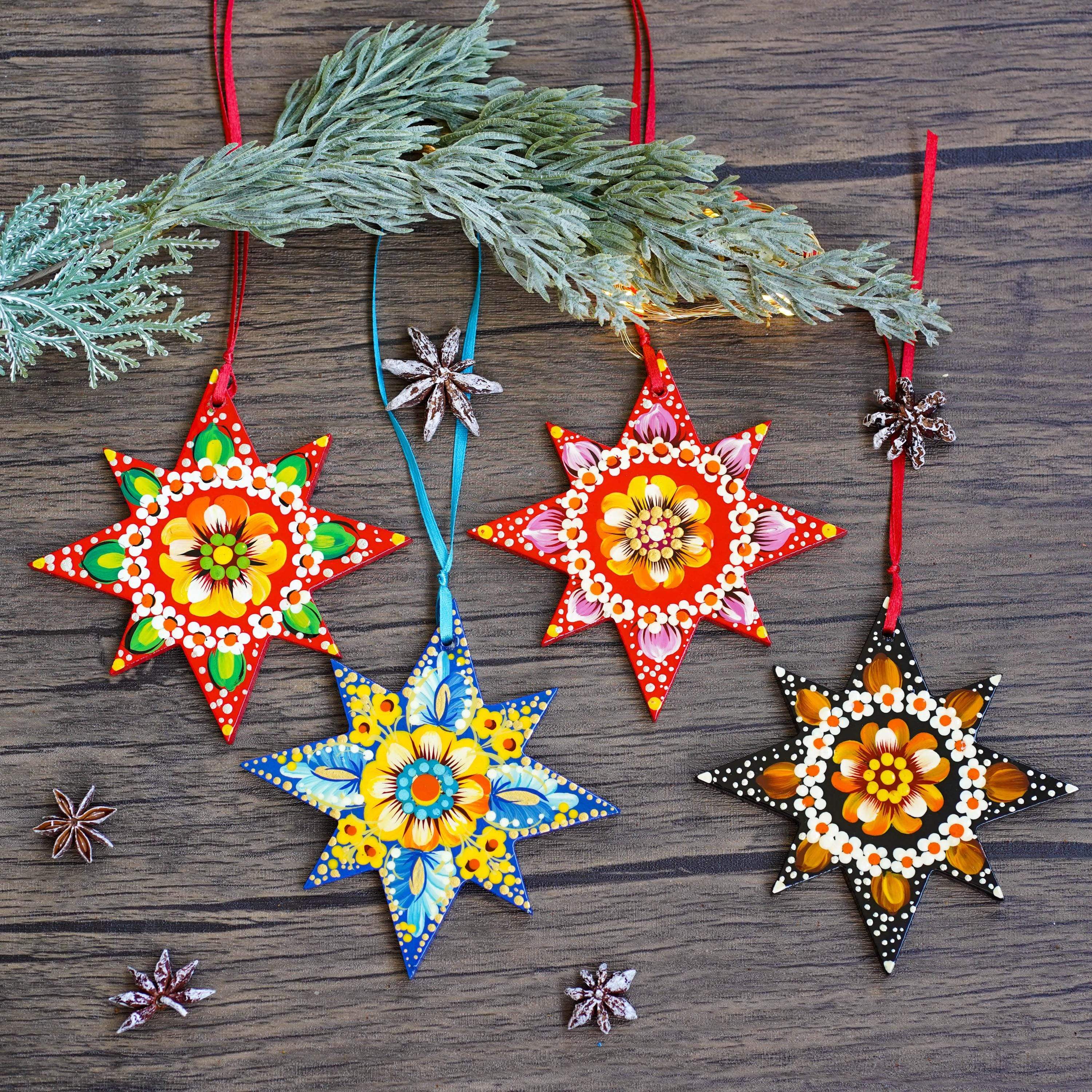 Set of 4 Hand-painted Wooden Star Christmas Ornaments - Handmade Ukrainian Pertykivka Christmas Tree Decorations, Flower Hanging Ornaments