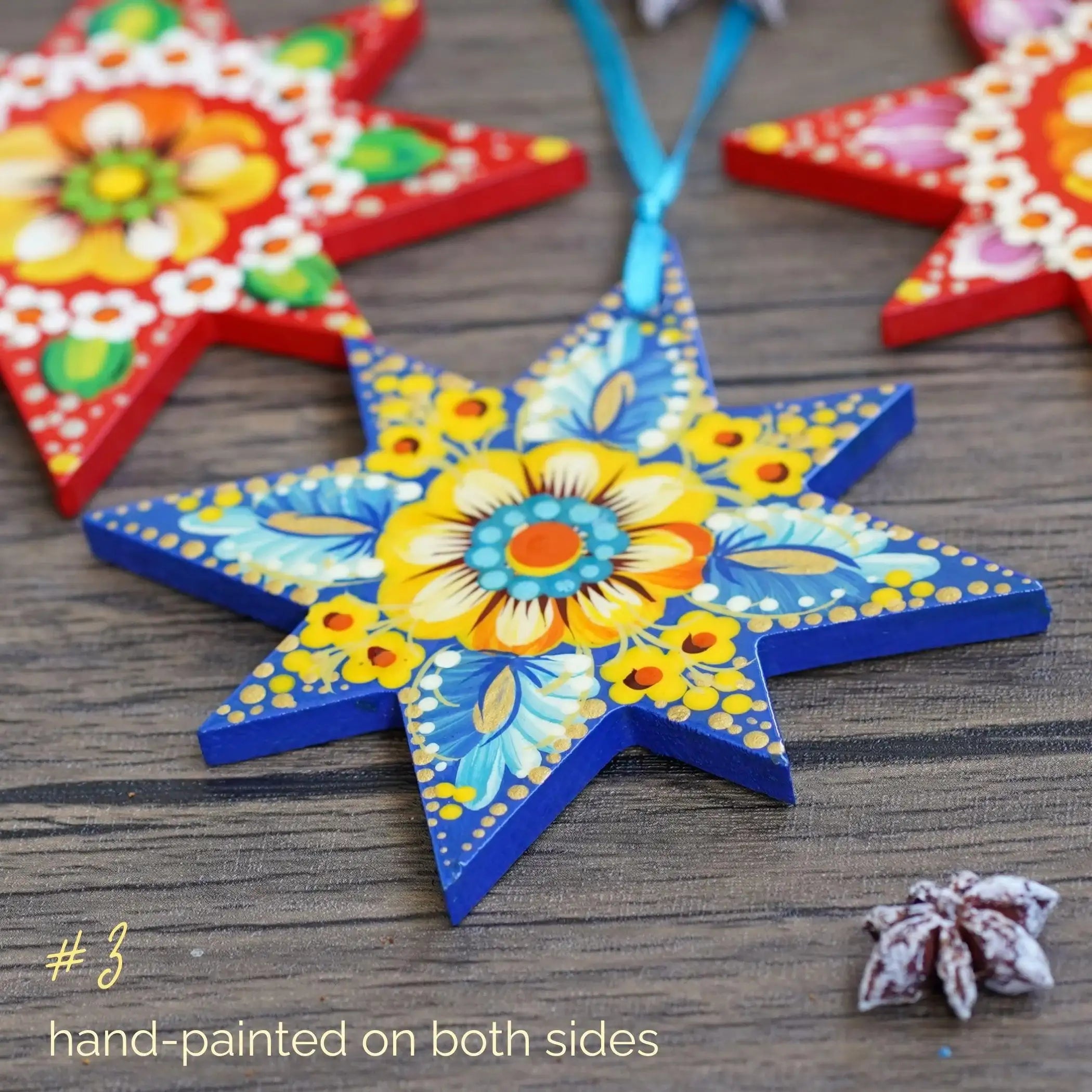 Hand-painted Wooden Star Christmas Ornament - Handmade Ukrainian Pertykivka Christmas Tree Decoration, Blue & Yellow Flower Hanging Ornament