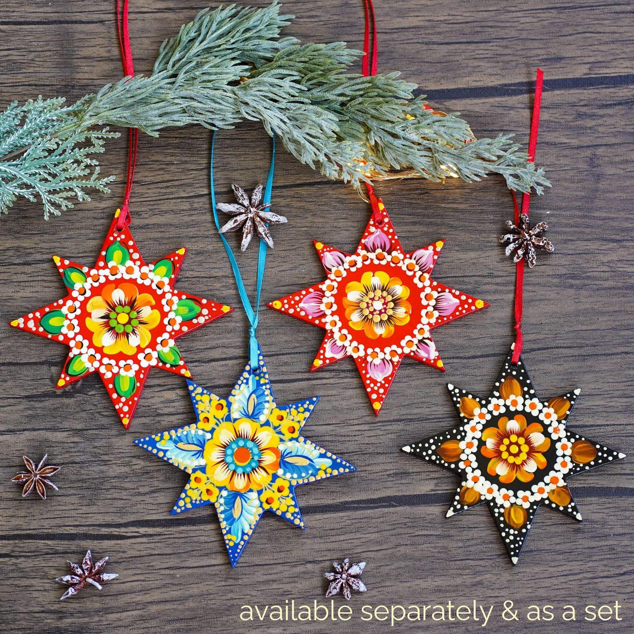 Hand-painted Wooden Star Christmas Ornament - Handmade Ukrainian Pertykivka Christmas Tree Decoration, Blue & Yellow Flower Hanging Ornament