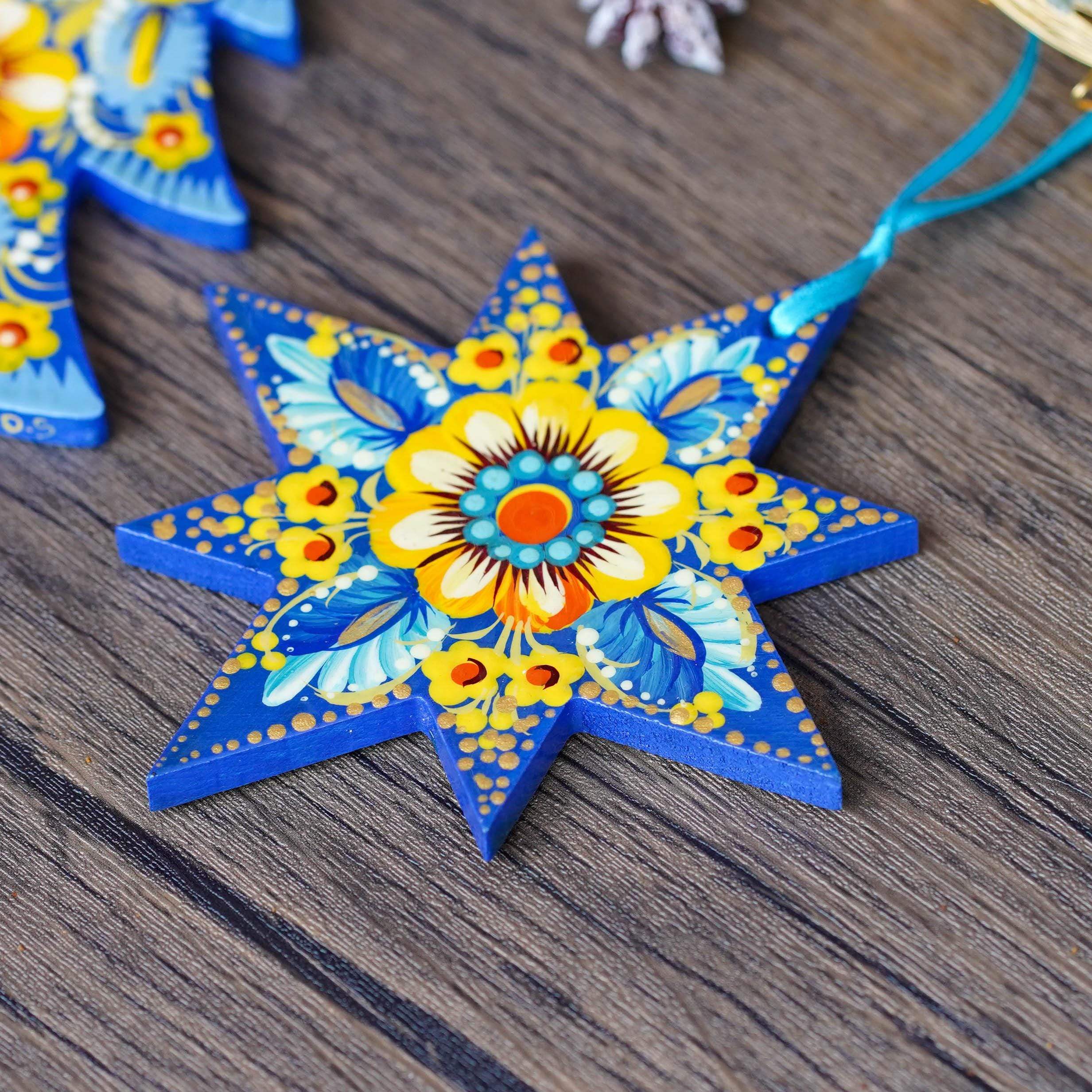 Hand-painted Wooden Star Christmas Ornament - Handmade Ukrainian Pertykivka Christmas Tree Decoration, Blue & Yellow Flower Hanging Ornament