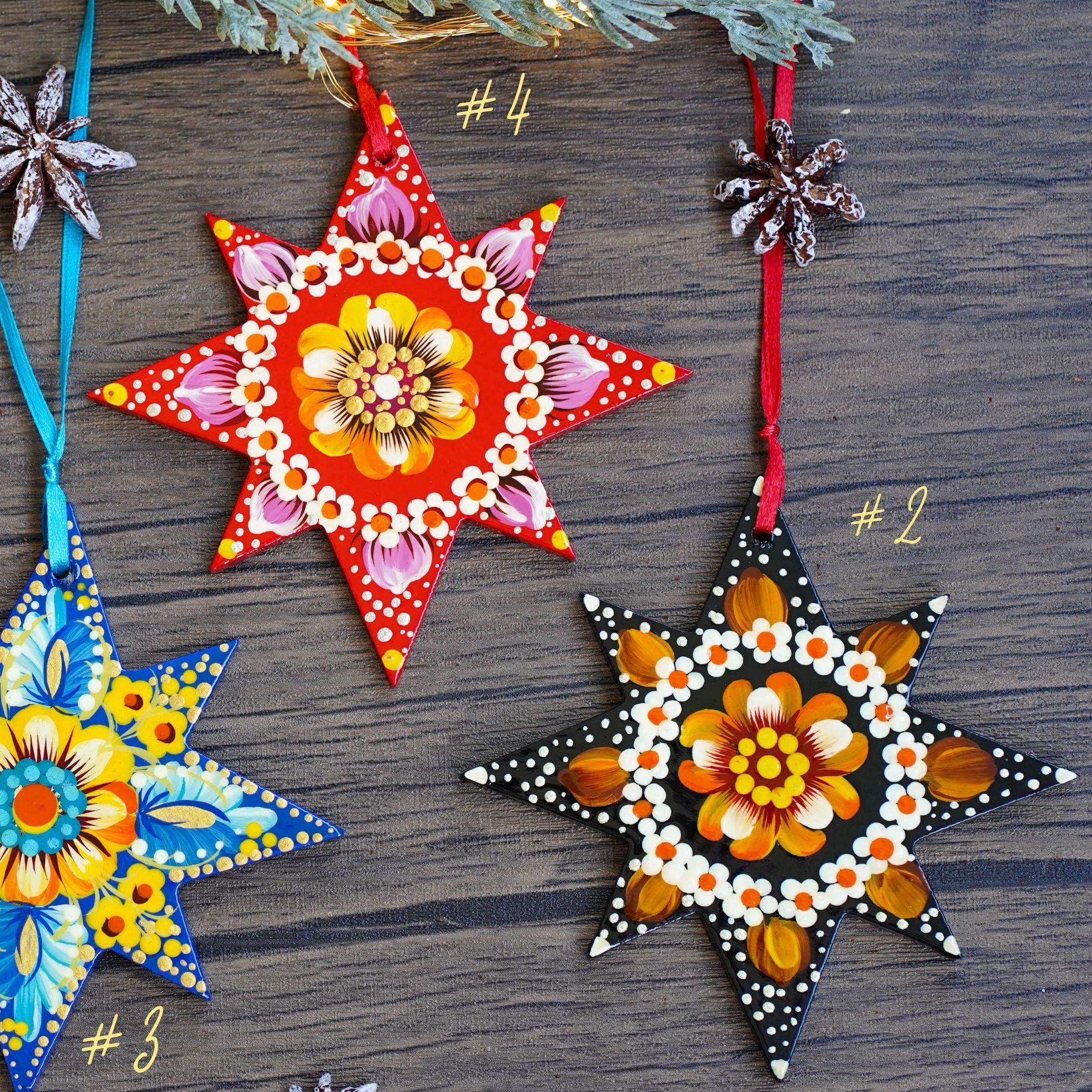 Hand-painted Wooden Star Christmas Ornament - Handmade Ukrainian Pertykivka Christmas Tree Decoration, Pink & Red Flower Hanging Ornament