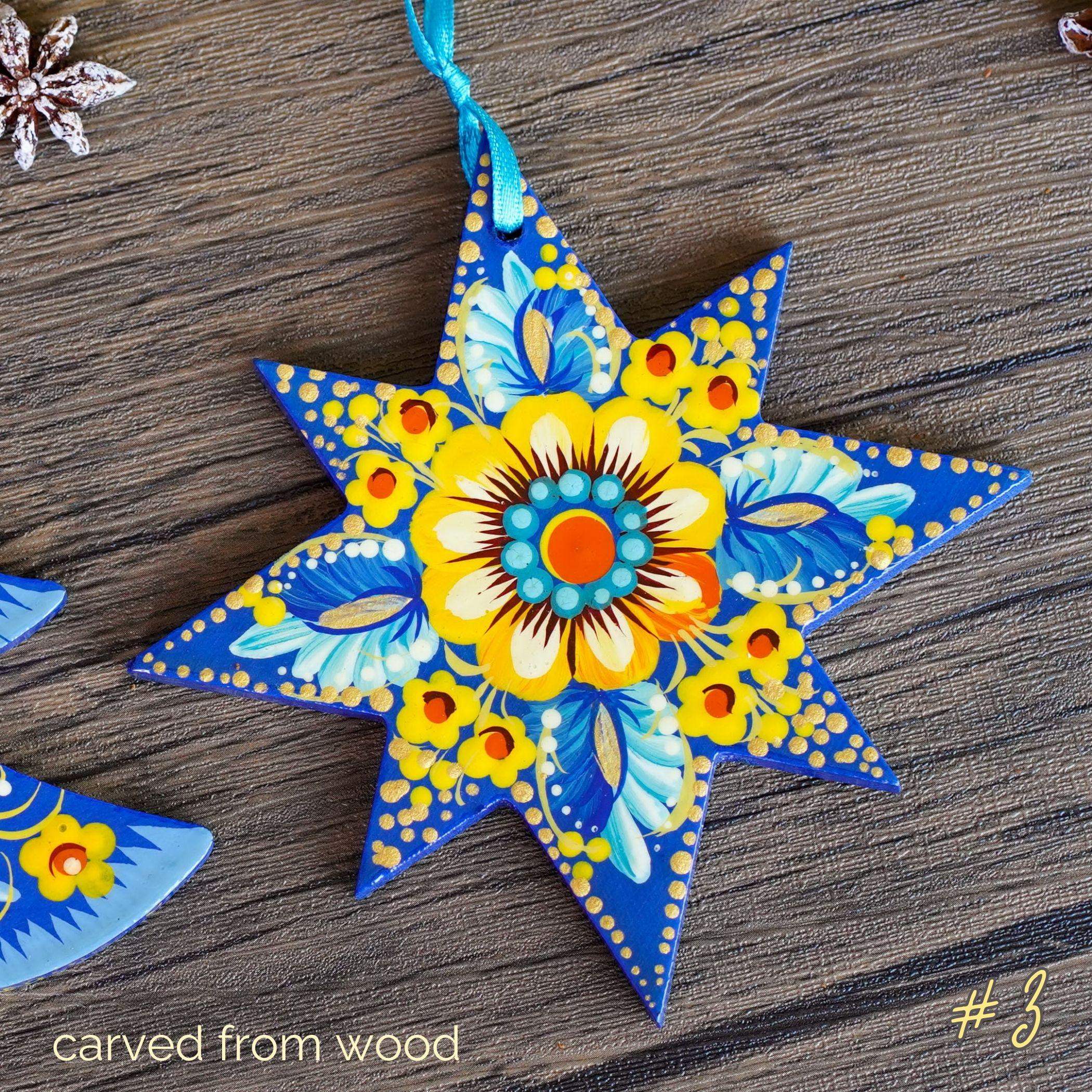 Painted Wooden Star Christmas Ornament - Handmade Ukrainian Pertykivka Christmas Tree Decoration, Beige & Orange Flower Hanging Ornament