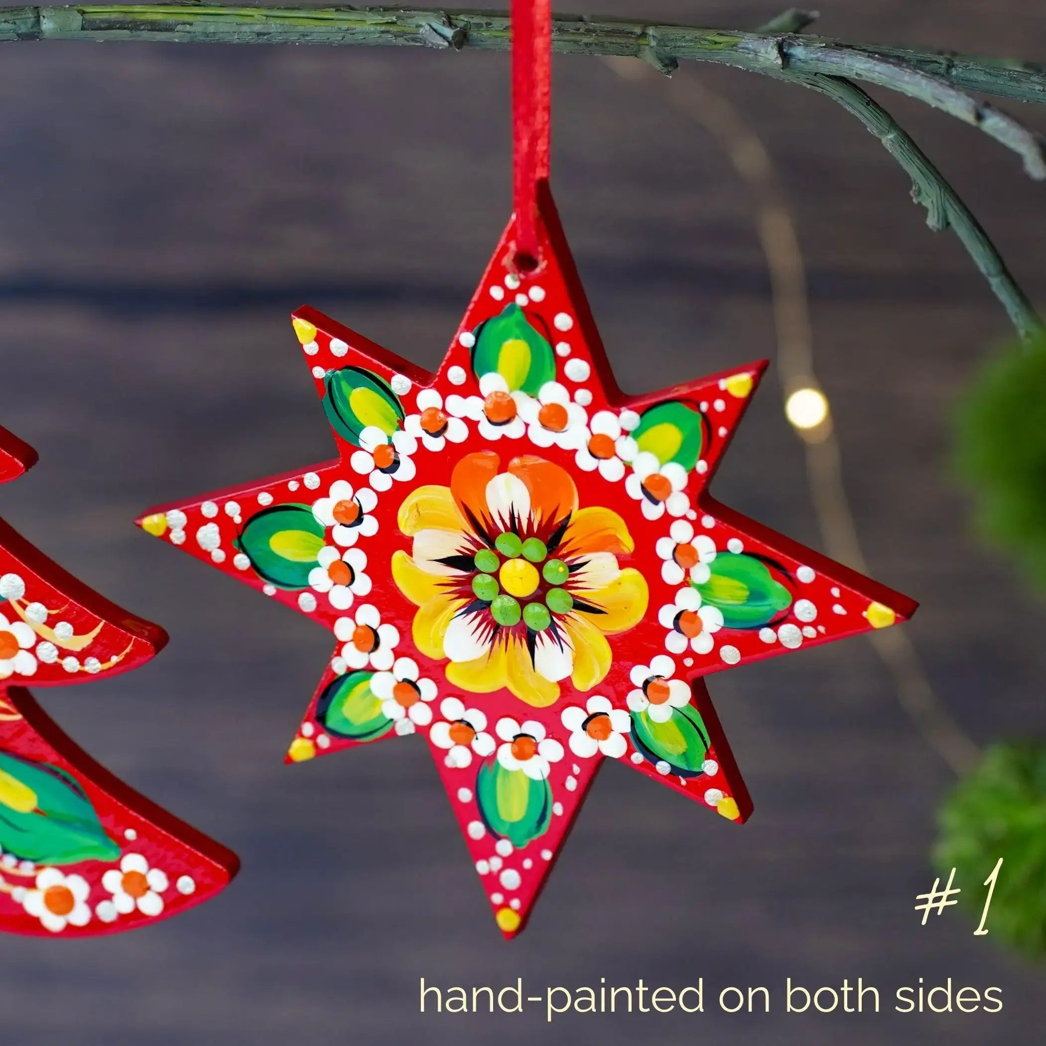 Painted Wooden Star Christmas Ornament - Handmade Ukrainian Pertykivka Christmas Tree Decoration, Beige & Orange Flower Hanging Ornament