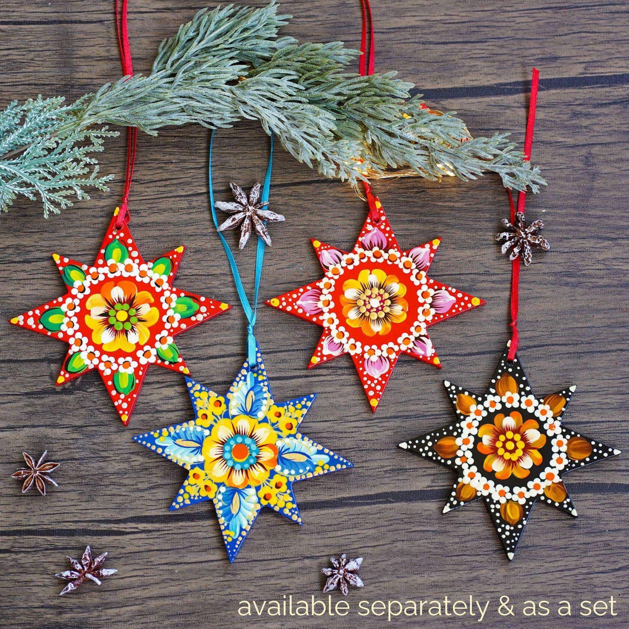 Painted Wooden Star Christmas Ornament - Handmade Ukrainian Pertykivka Christmas Tree Decoration, Beige & Orange Flower Hanging Ornament