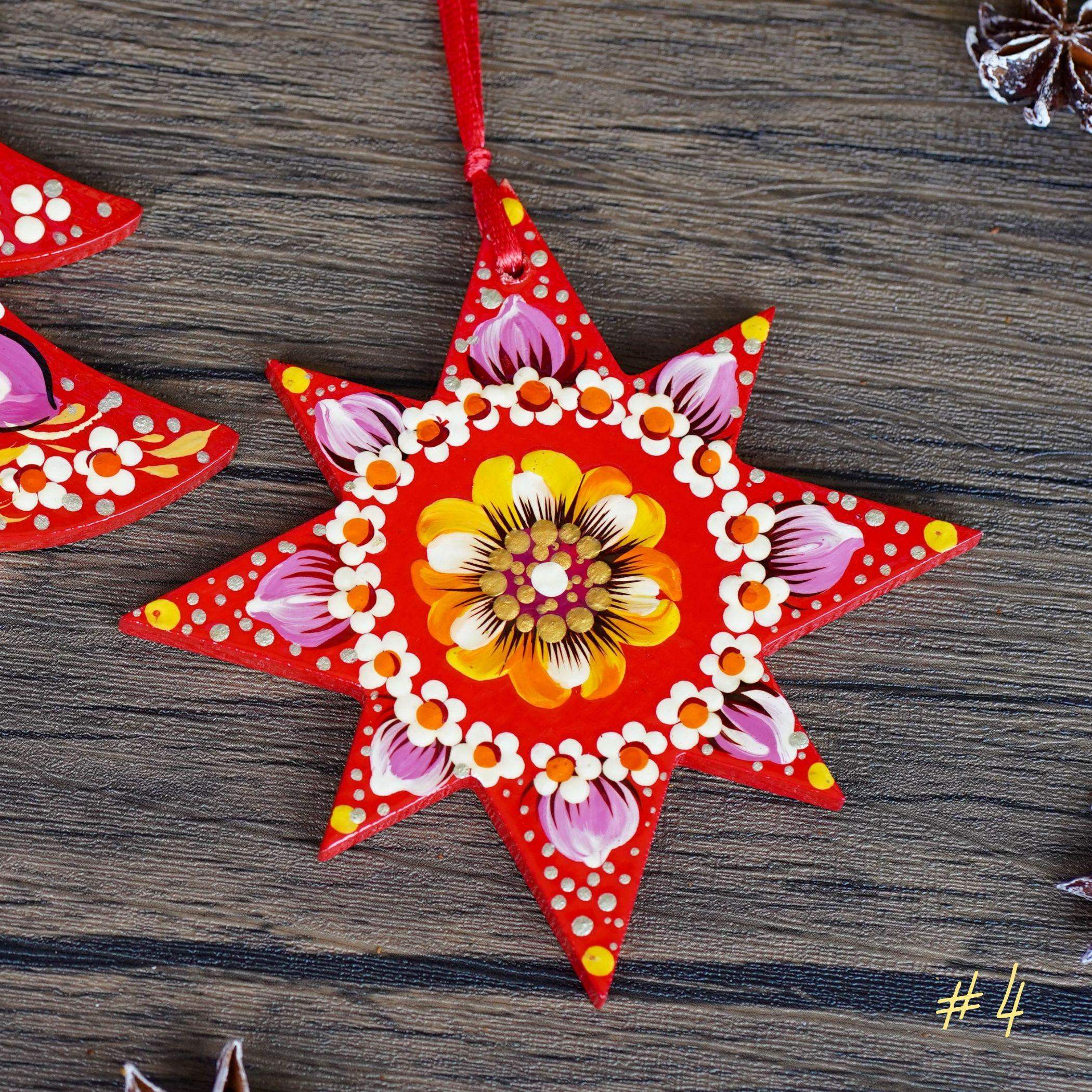 Painted Wooden Star Christmas Ornament - Handmade Ukrainian Pertykivka Christmas Tree Decoration, Beige & Orange Flower Hanging Ornament
