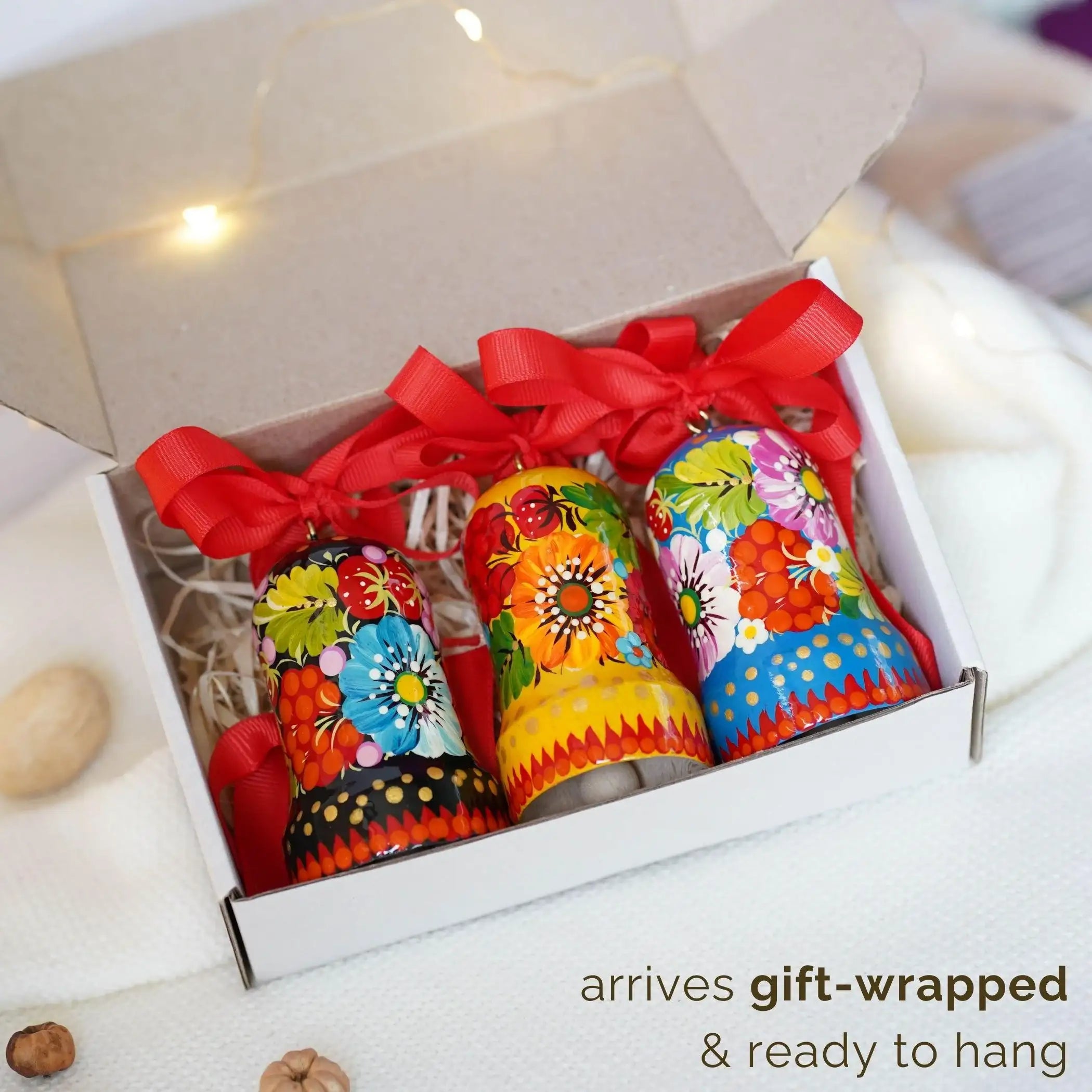 Painted Wooden Bell Christmas Ornament - Handmade Ukrainian Petrykivka Christmas Bells, Yellow & Red Flower Christmas Tree Decoration