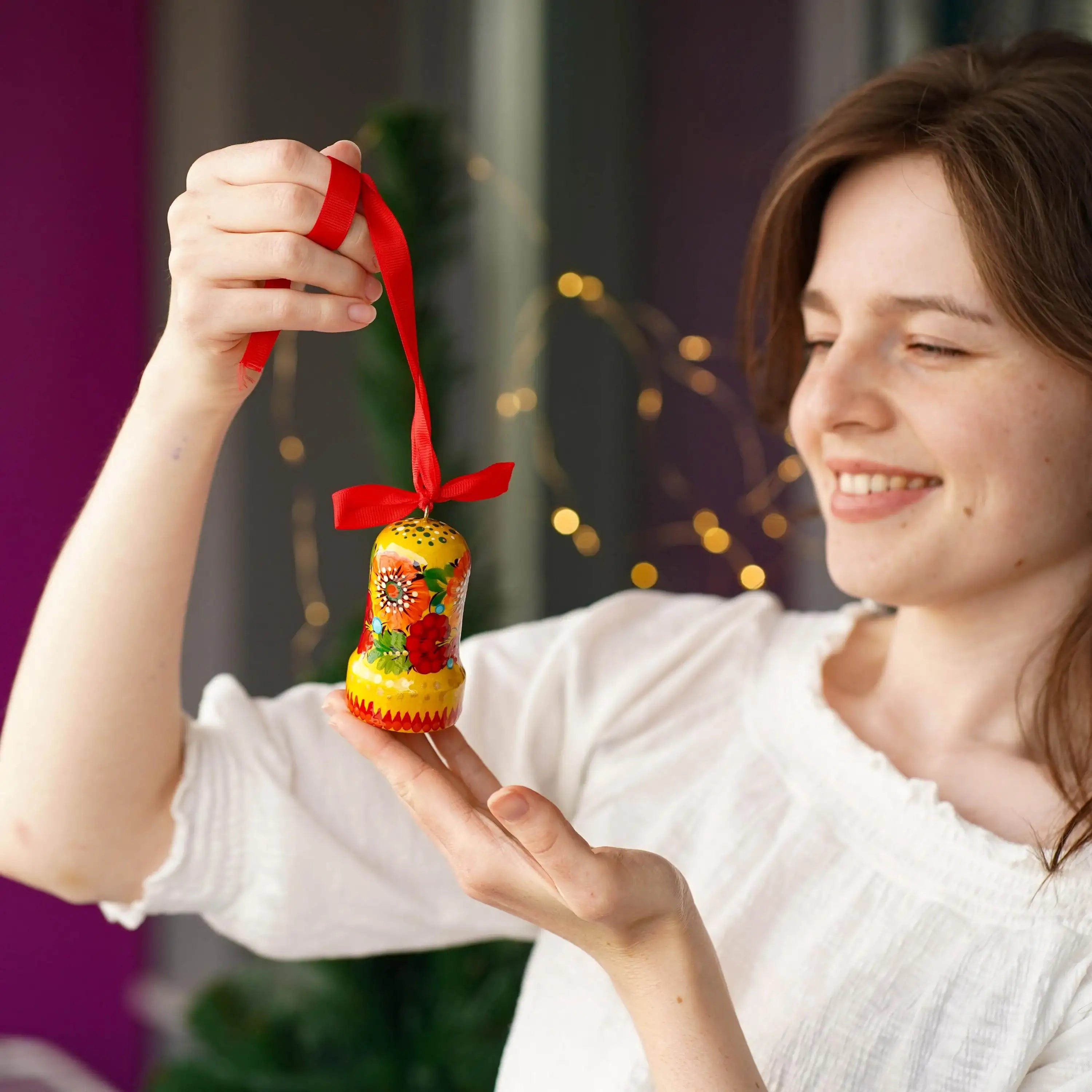 Painted Wooden Bell Christmas Ornament - Handmade Ukrainian Petrykivka Christmas Bells, Yellow & Red Flower Christmas Tree Decoration
