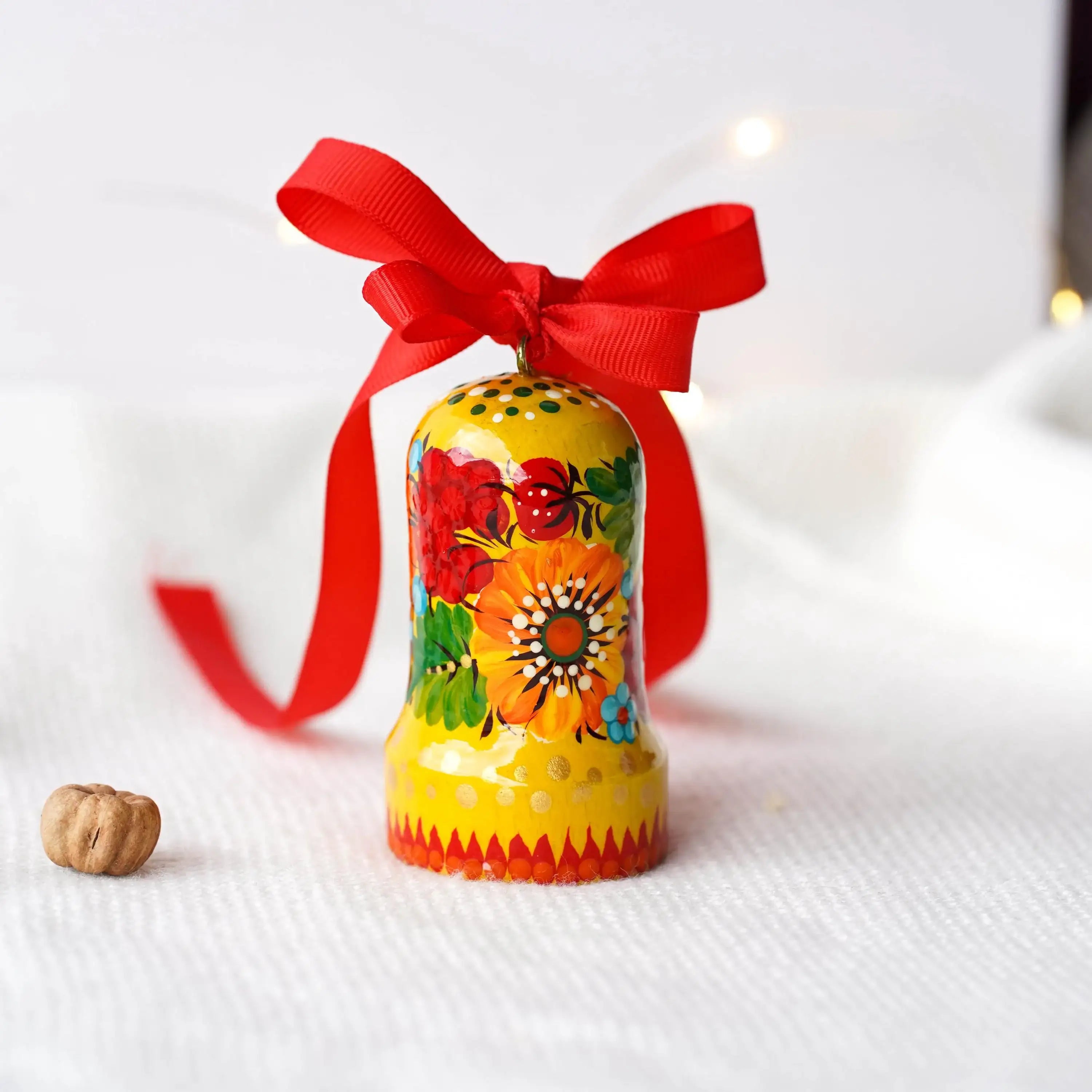 Painted Wooden Bell Easter Ornament - Handmade Ukrainian Petrykivka Bell