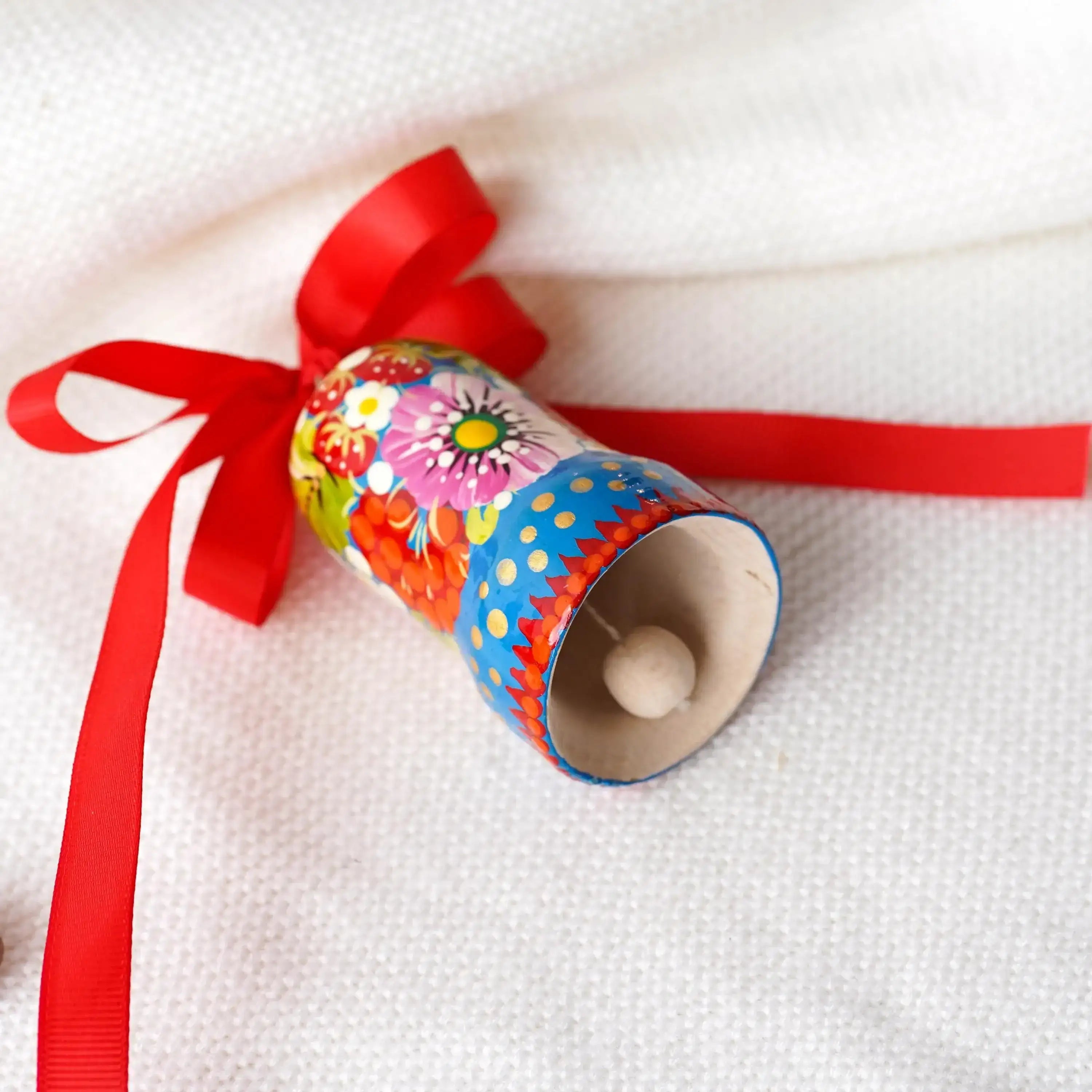 Painted Wooden Bell Christmas Ornament - Handmade Ukrainian Petrykivka Christmas Bells, Blue & Pink Flower Christmas Tree Decoration