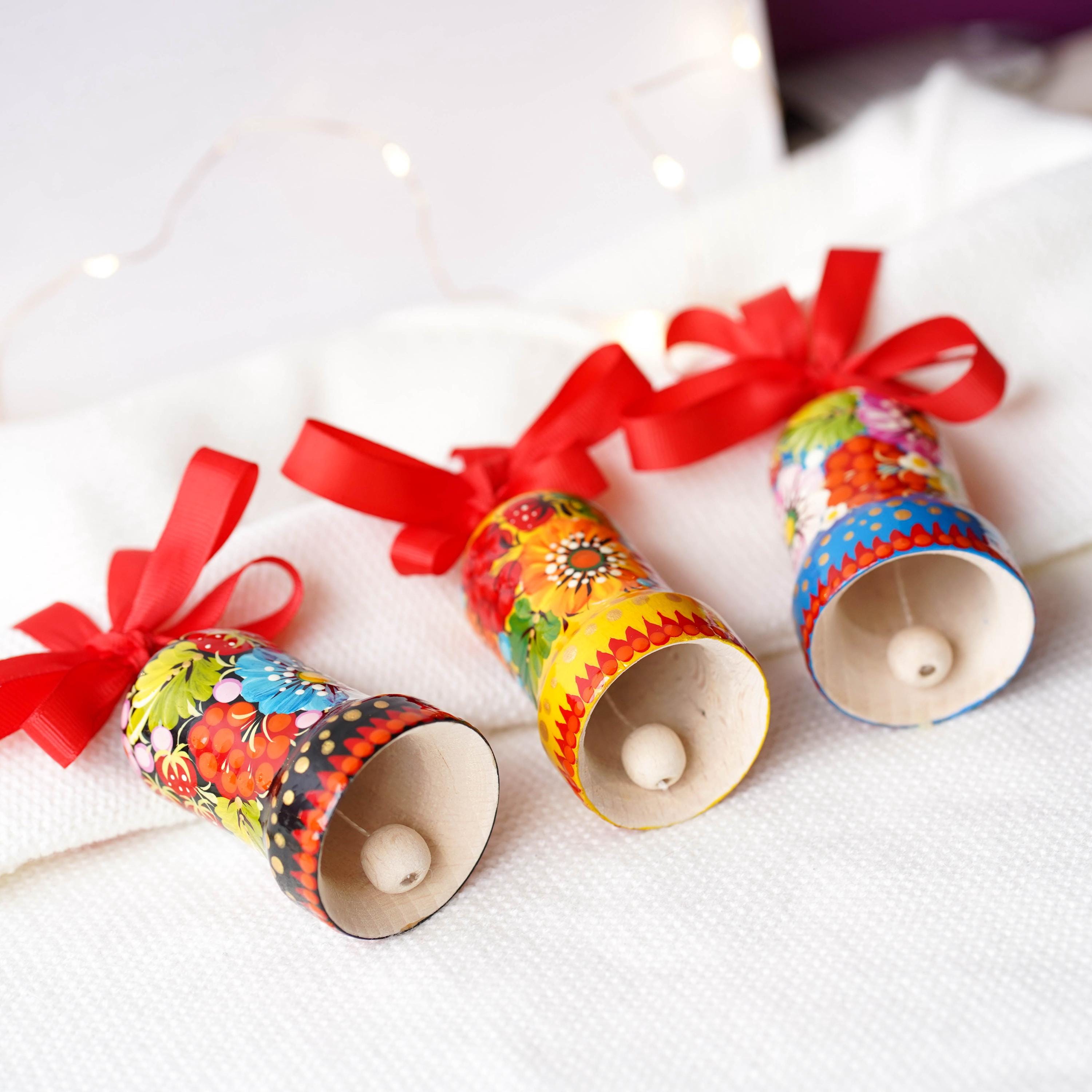 Painted Wooden Bell Christmas Ornament - Handmade Ukrainian Petrykivka Christmas Bells, Blue & Pink Flower Christmas Tree Decoration