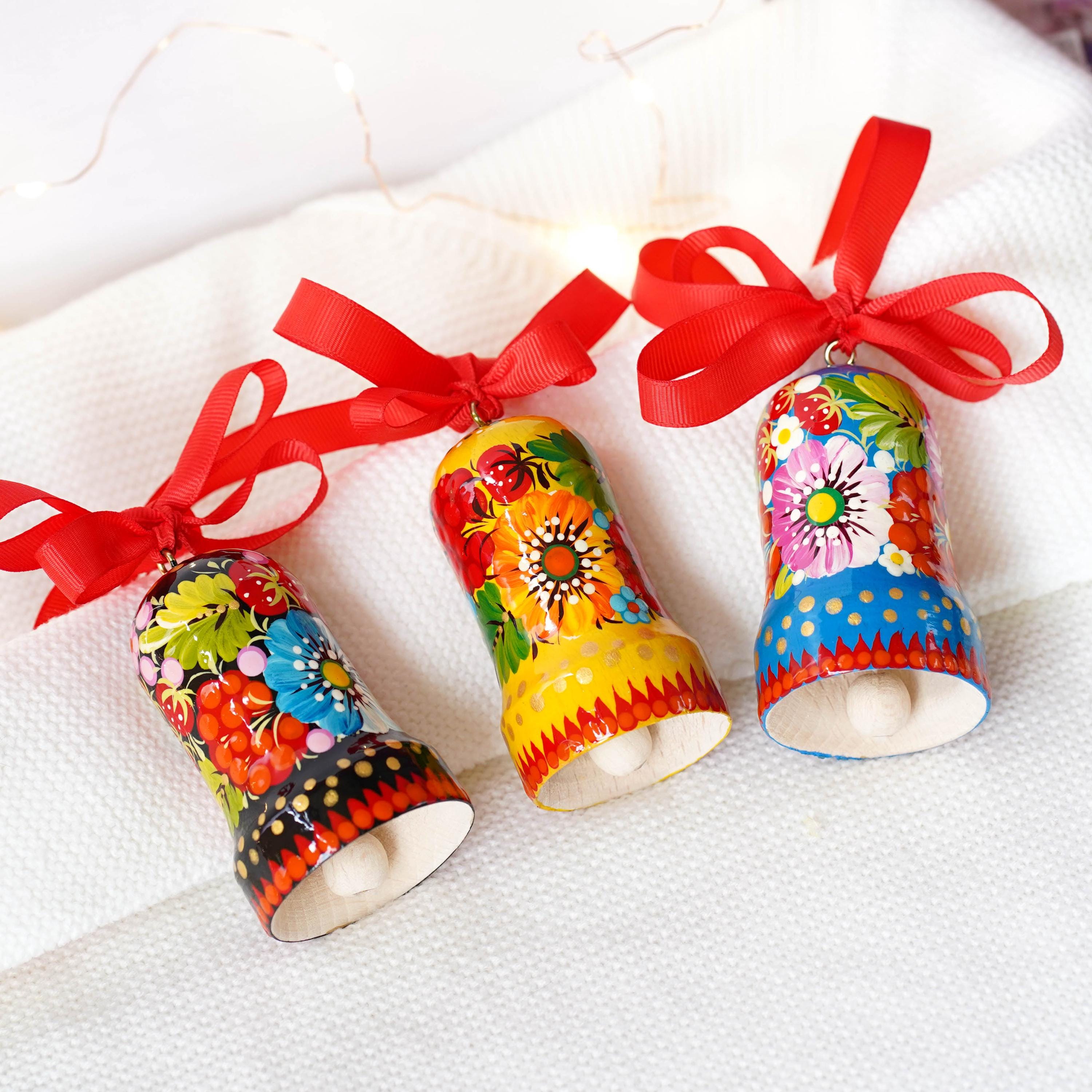 Painted Wooden Bell Christmas Ornament - Handmade Ukrainian Petrykivka Christmas Bells, Blue & Pink Flower Christmas Tree Decoration