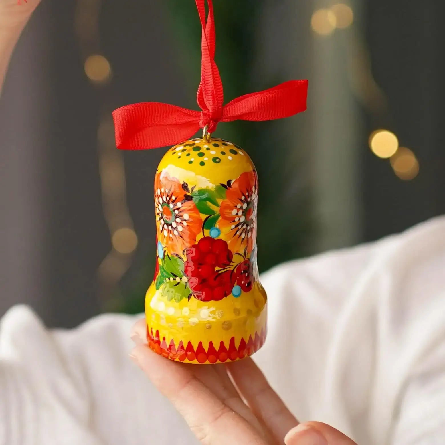 Painted Wooden Bell Easter Ornament - Handmade Ukrainian Petrykivka Bell