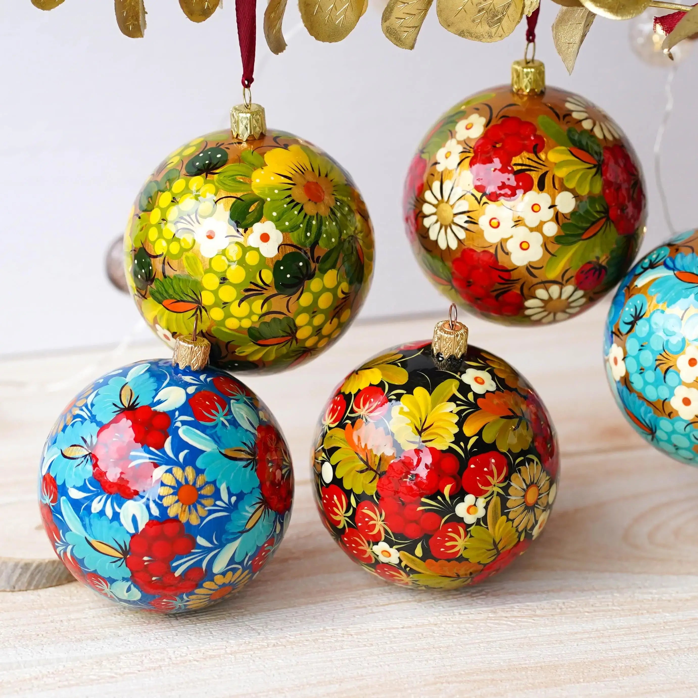 Set of 5 Painted Ukrainian Christmas Ball Ornaments 3.14 in - Handmade Petrykivka Art Flower Ornaments Set, Christmas Tree Decoration