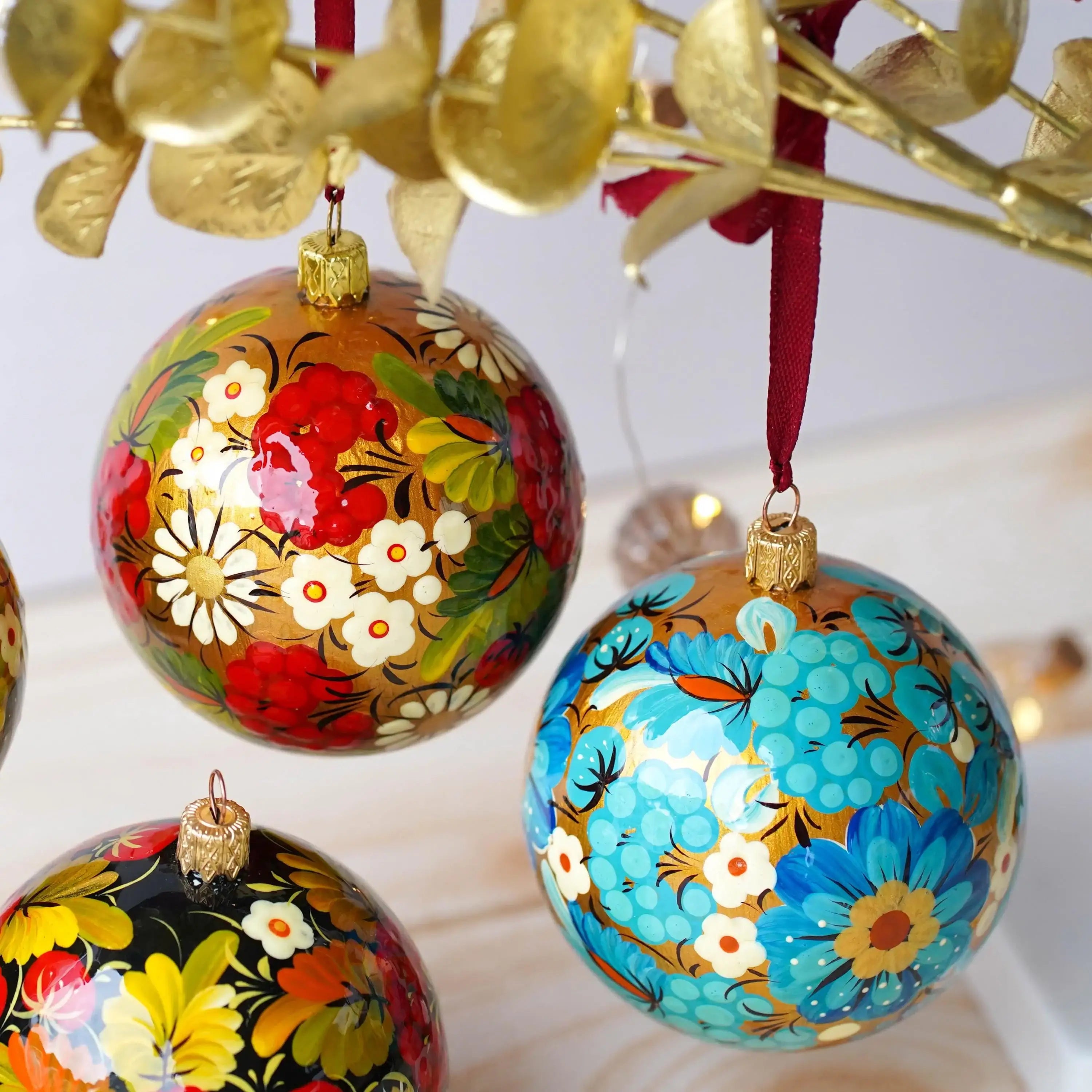 Set of 5 Painted Ukrainian Christmas Ball Ornaments 3.14 in - Handmade Petrykivka Art Flower Ornaments Set, Christmas Tree Decoration