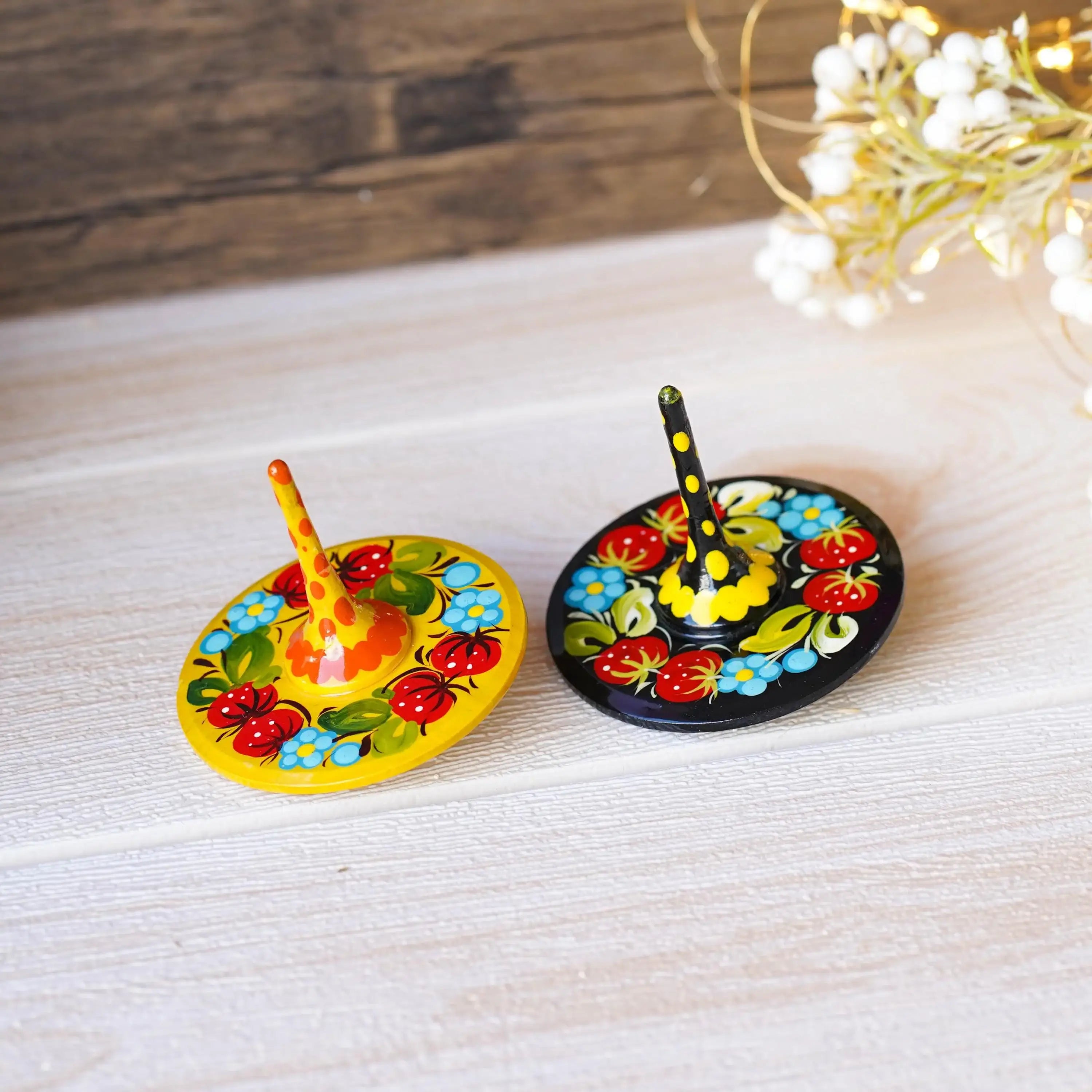Hand-painted Wooden Spinning Top - Handmade Strawberry Spinning Top, Yellow Flower Ukrainian Spinning Top, Unique Party Bag Favor