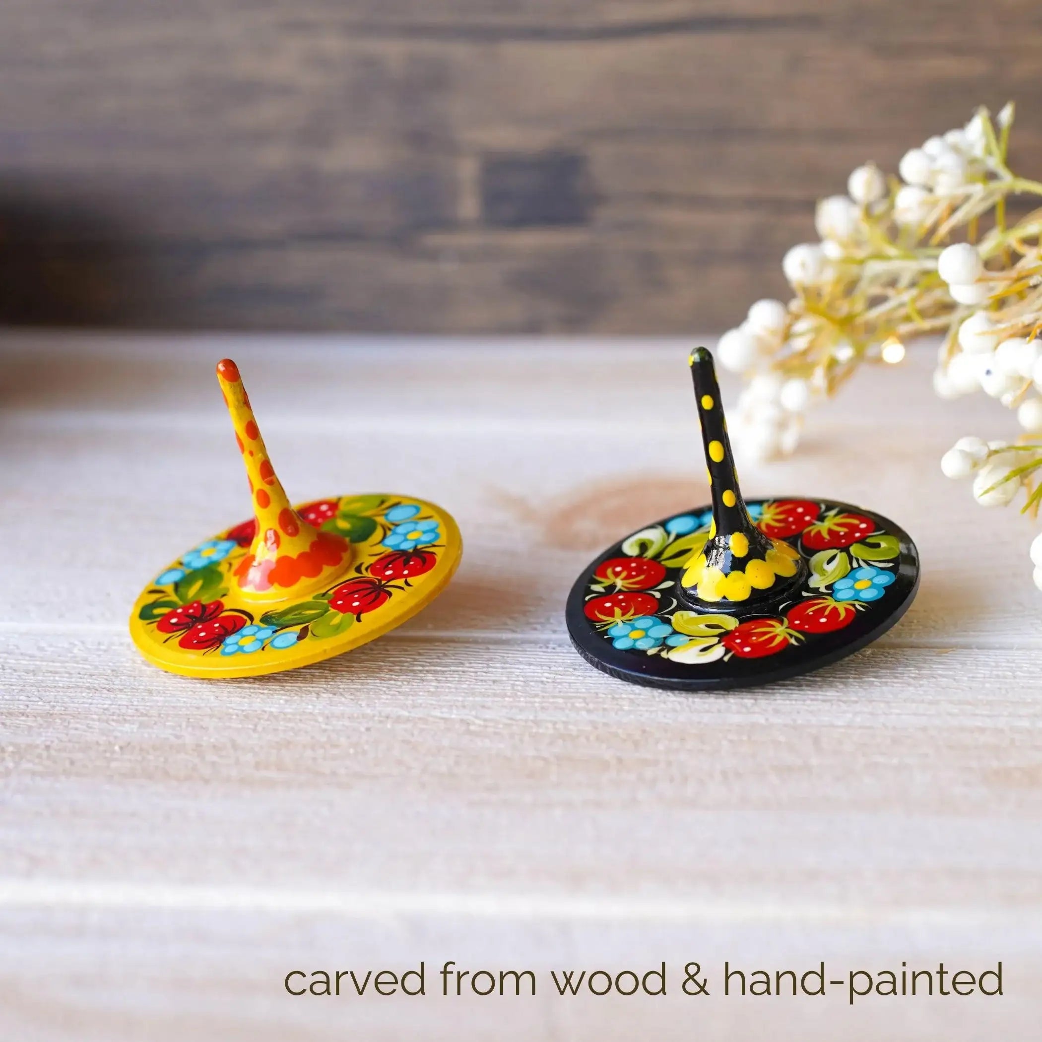 Hand-painted Wooden Spinning Top - Handmade Strawberry Spinning Top, Yellow Flower Ukrainian Spinning Top, Unique Party Bag Favor