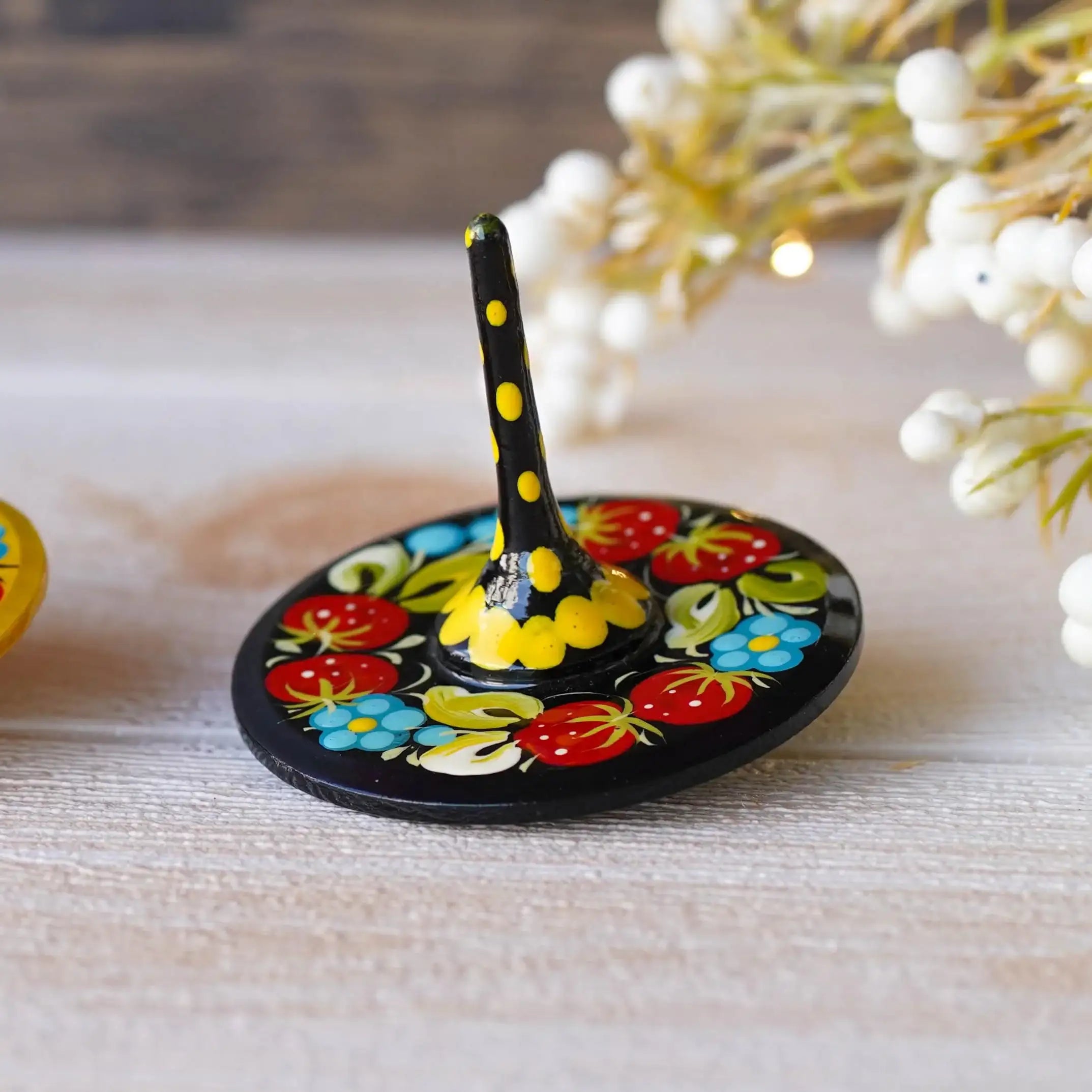 Hand-painted Wooden Spinning Top - Handmade Strawberry Spinning Top, Yellow Flower Ukrainian Spinning Top, Unique Party Bag Favor