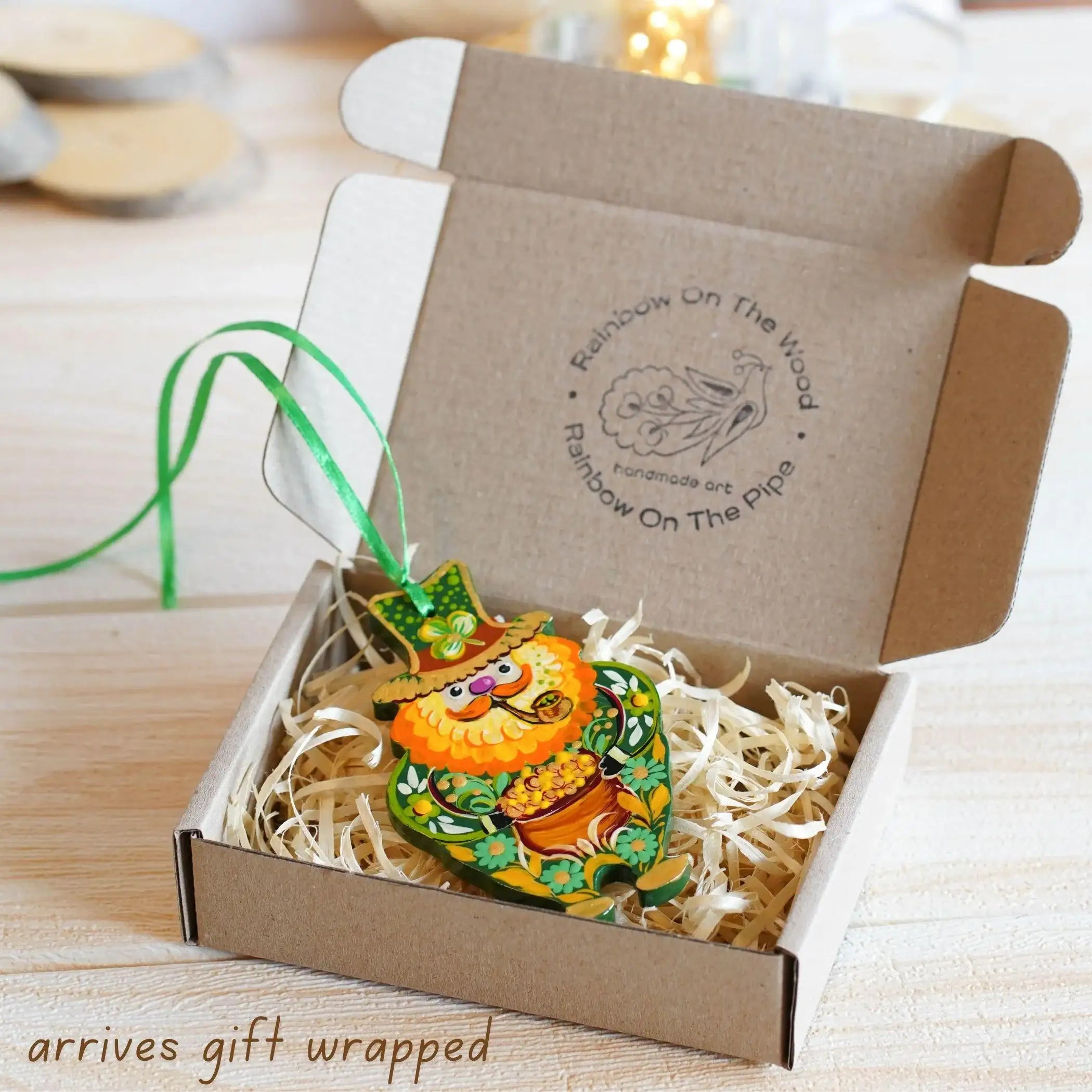 Painted Wooden Smoking Leprechaun Ornament - Ukrainian Petrykivka Art St Patrick's Day Decor, Irish Keepsake Gift