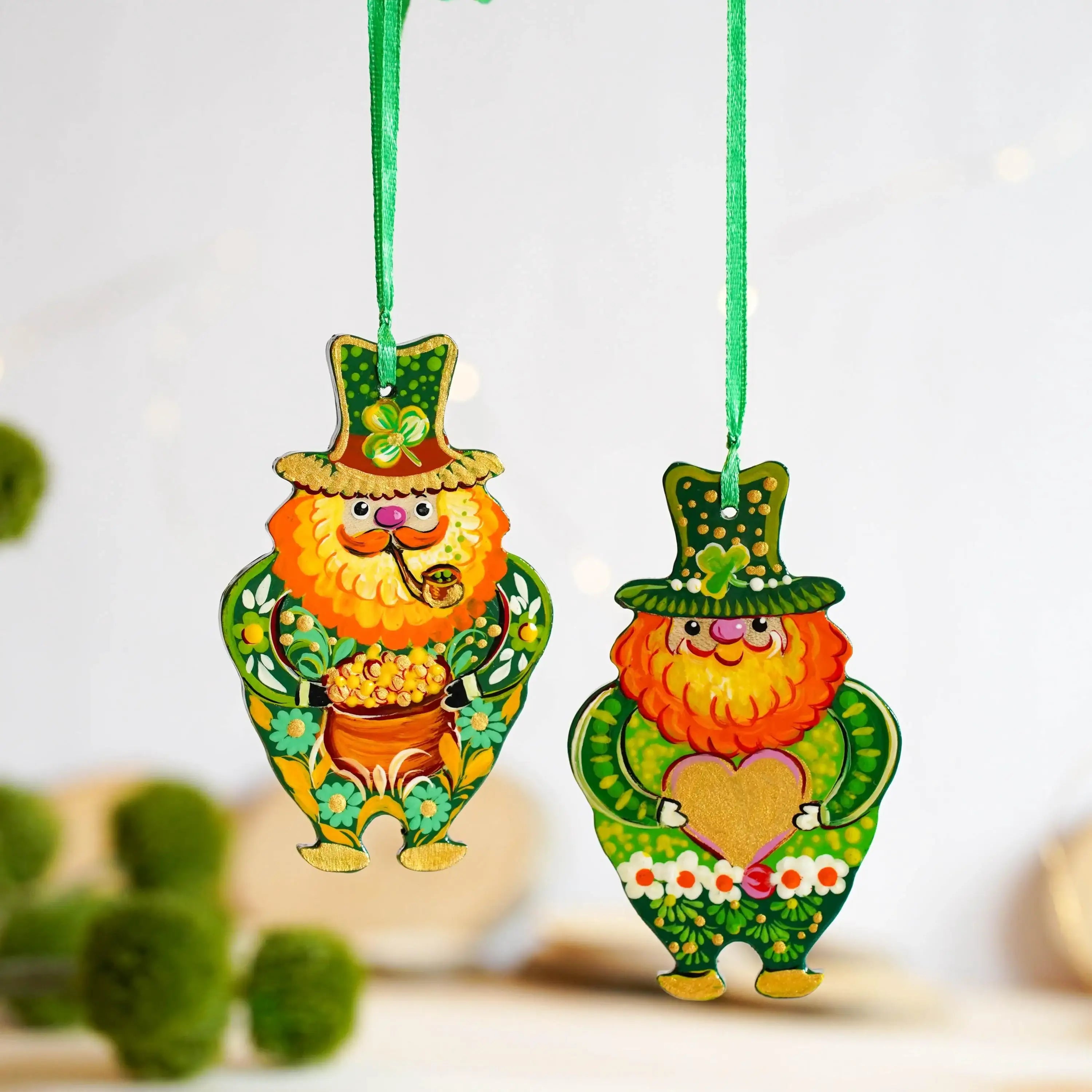 Painted Wooden Smoking Leprechaun Ornament - Ukrainian Petrykivka Art St Patrick's Day Decor, Irish Keepsake Gift
