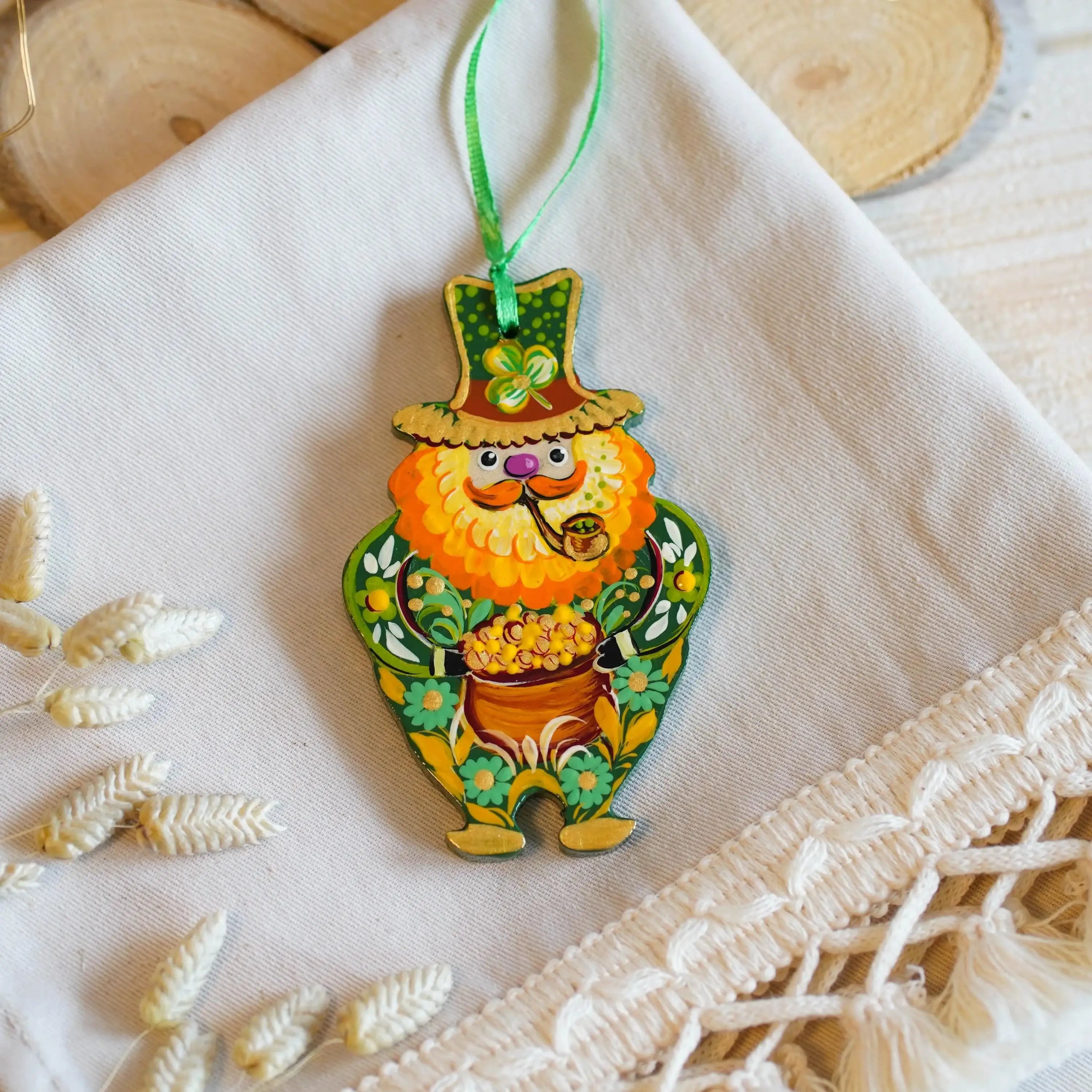 Painted Wooden Smoking Leprechaun Ornament - Ukrainian Petrykivka Art St Patrick's Day Decor, Irish Keepsake Gift