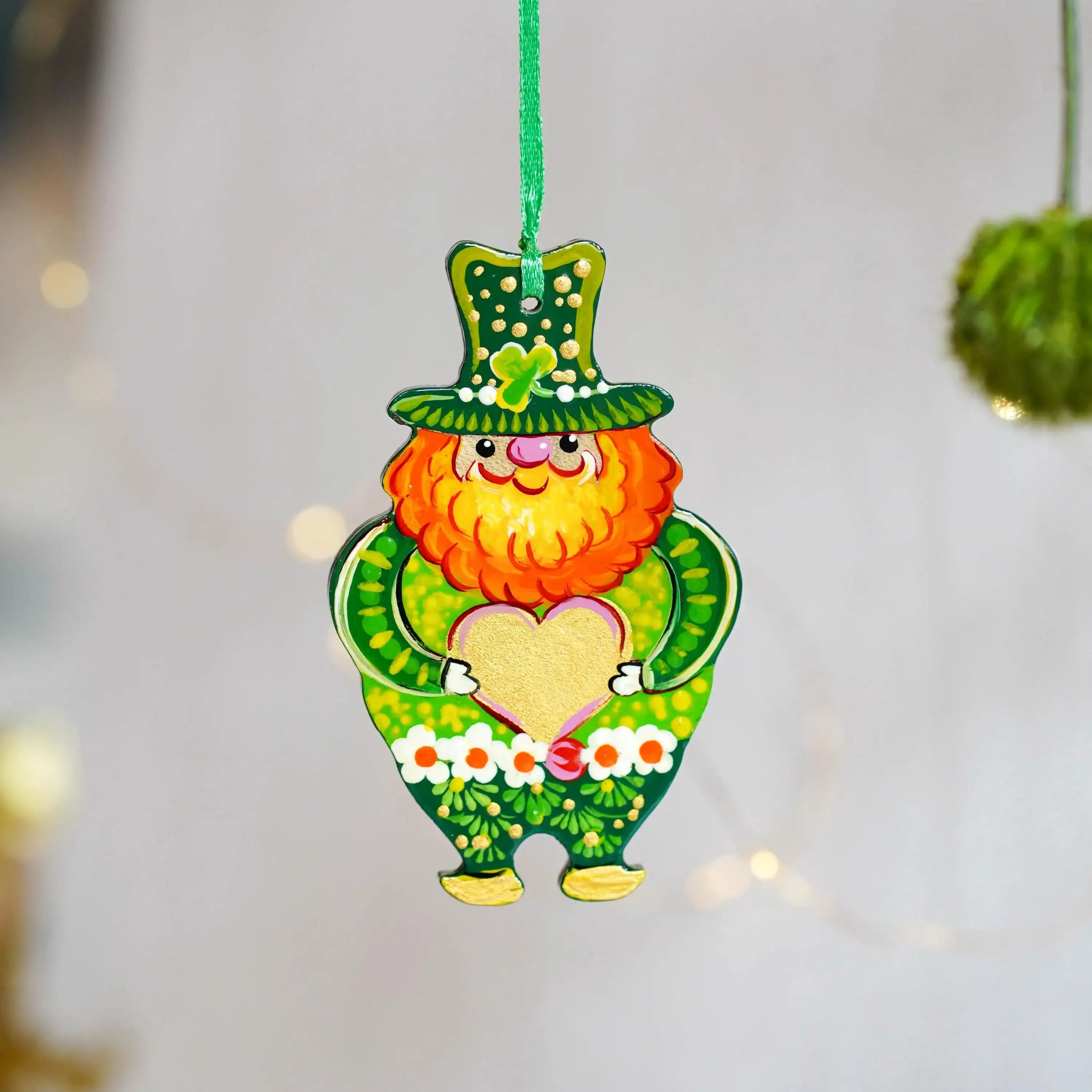 Painted Wooden Leprechaun Ornament - Ukrainian Petrykivka Art St Patrick's Day Decor, Irish Keepsake Gift