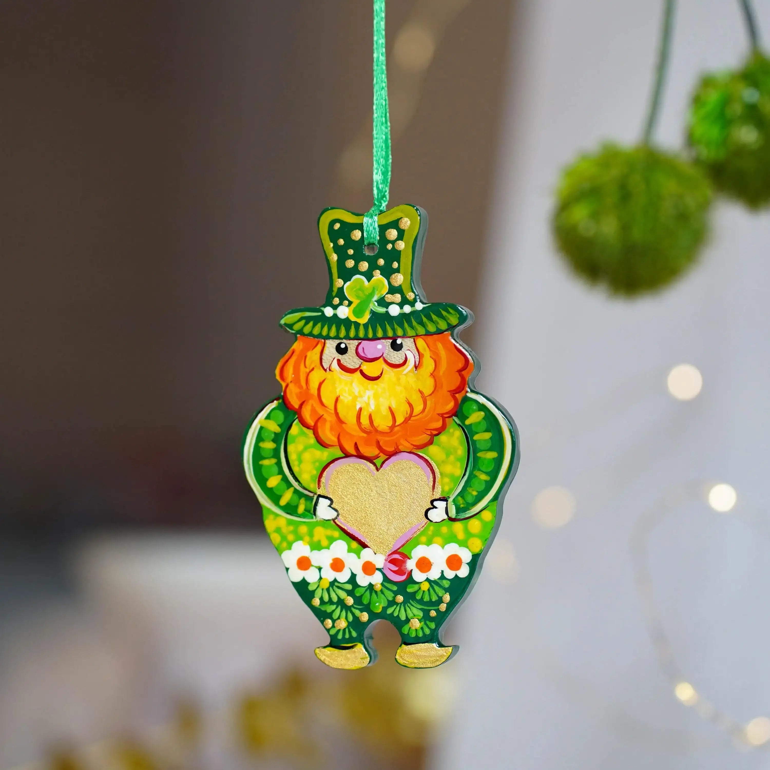 Painted Wooden Leprechaun Ornament - Ukrainian Petrykivka Art St Patrick's Day Decor, Irish Keepsake Gift