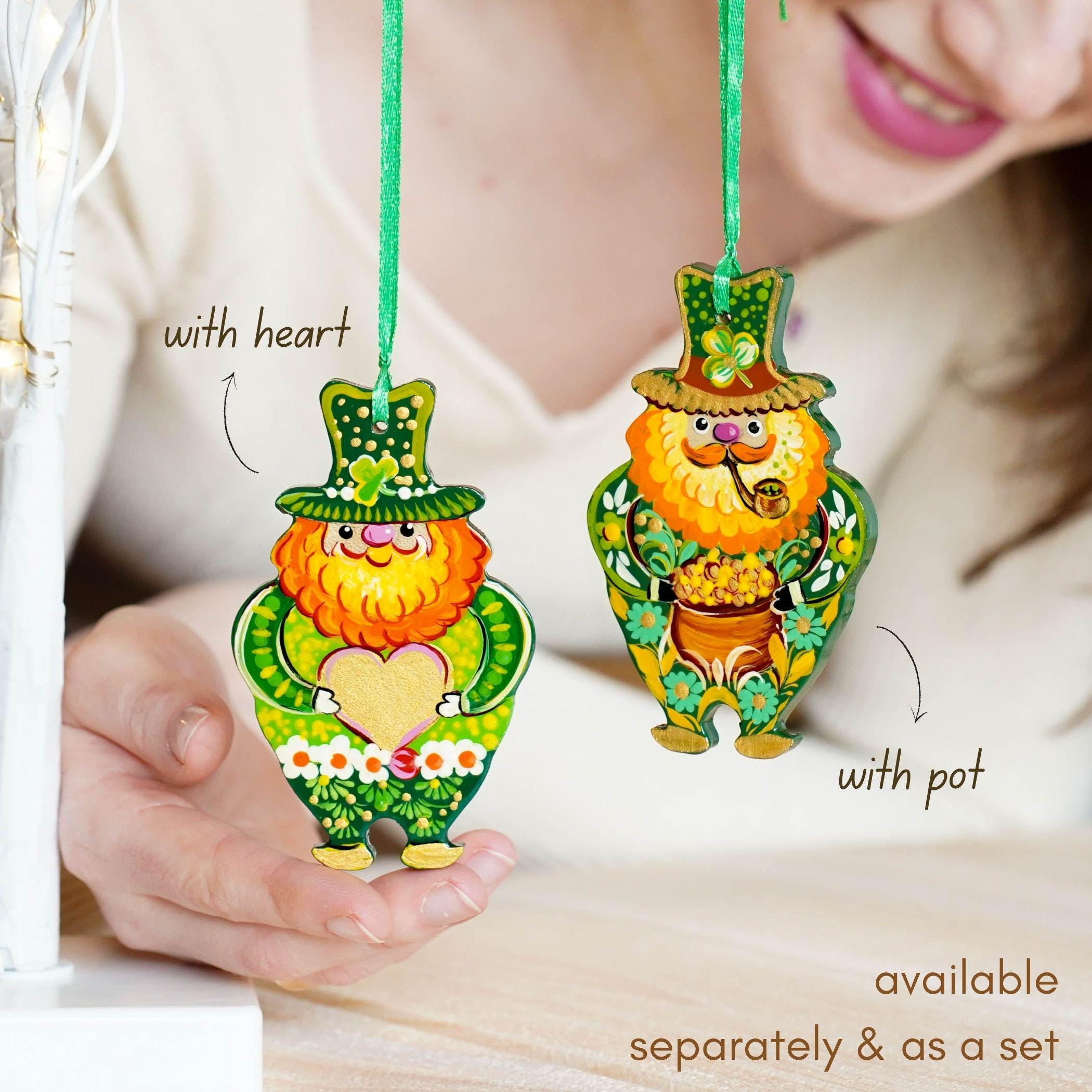 Painted Wooden Leprechaun Ornament - Ukrainian Petrykivka Art St Patrick's Day Decor, Irish Keepsake Gift