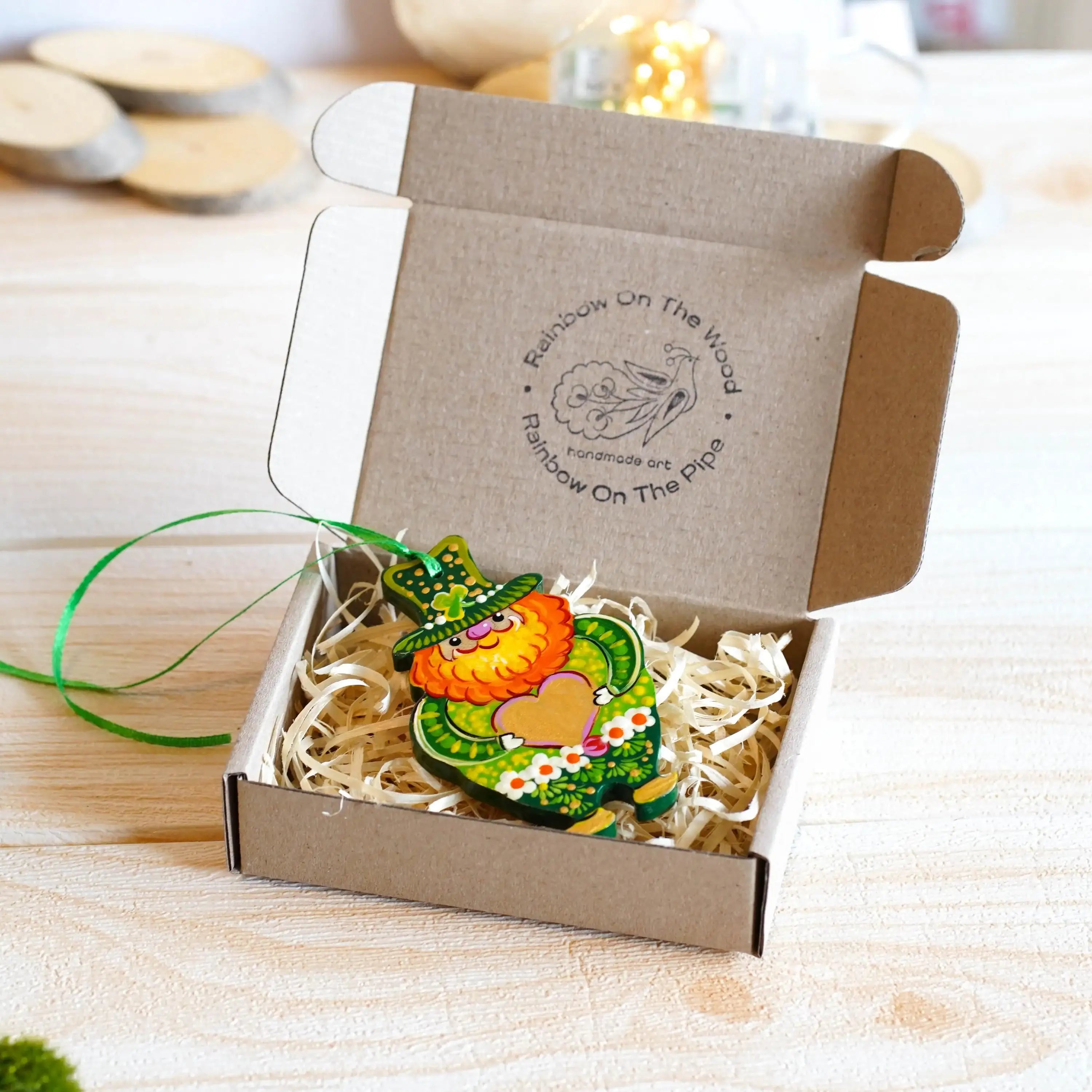 Painted Wooden Leprechaun Ornament - Ukrainian Petrykivka Art St Patrick's Day Decor, Irish Keepsake Gift