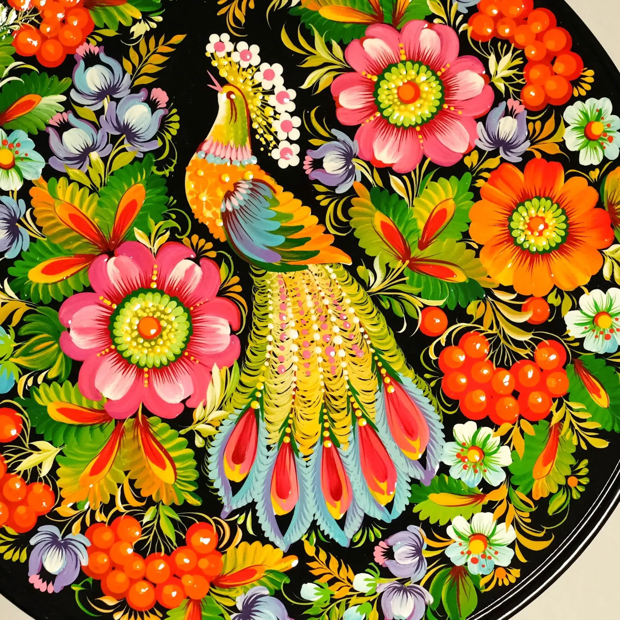 Decorative wooden plate 11.8 in - Hand-painted Ukrainian Wall Plate, Fairy Bird Plate Painted with Petrykivka Painting