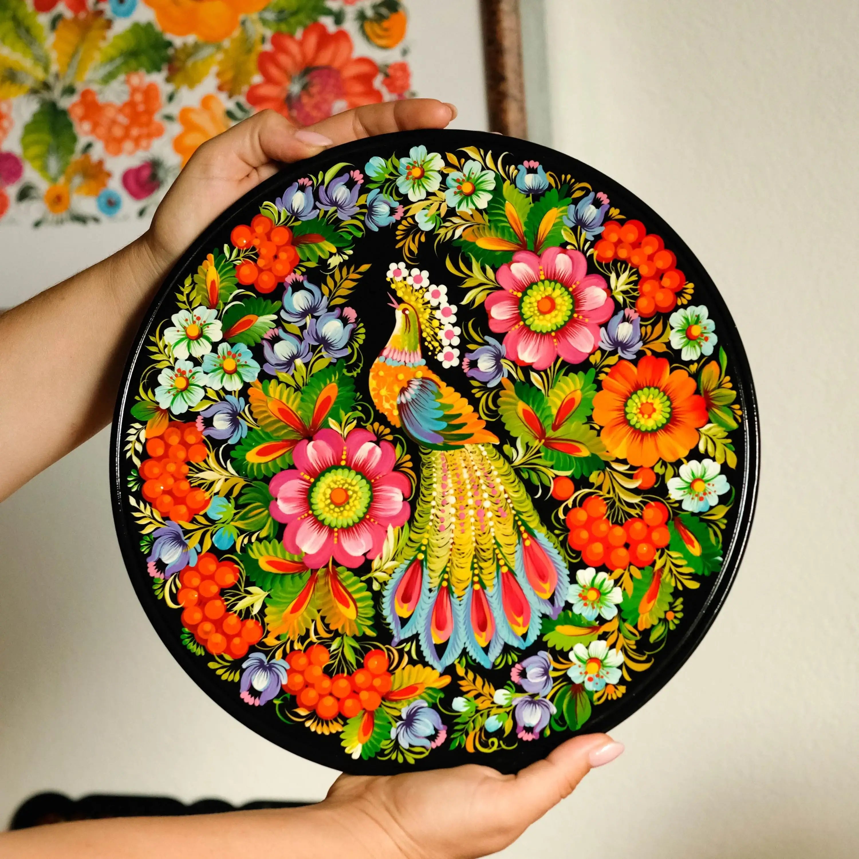 Decorative wooden plate 11.8 in - Hand-painted Ukrainian Wall Plate, Fairy Bird Plate Painted with Petrykivka Painting