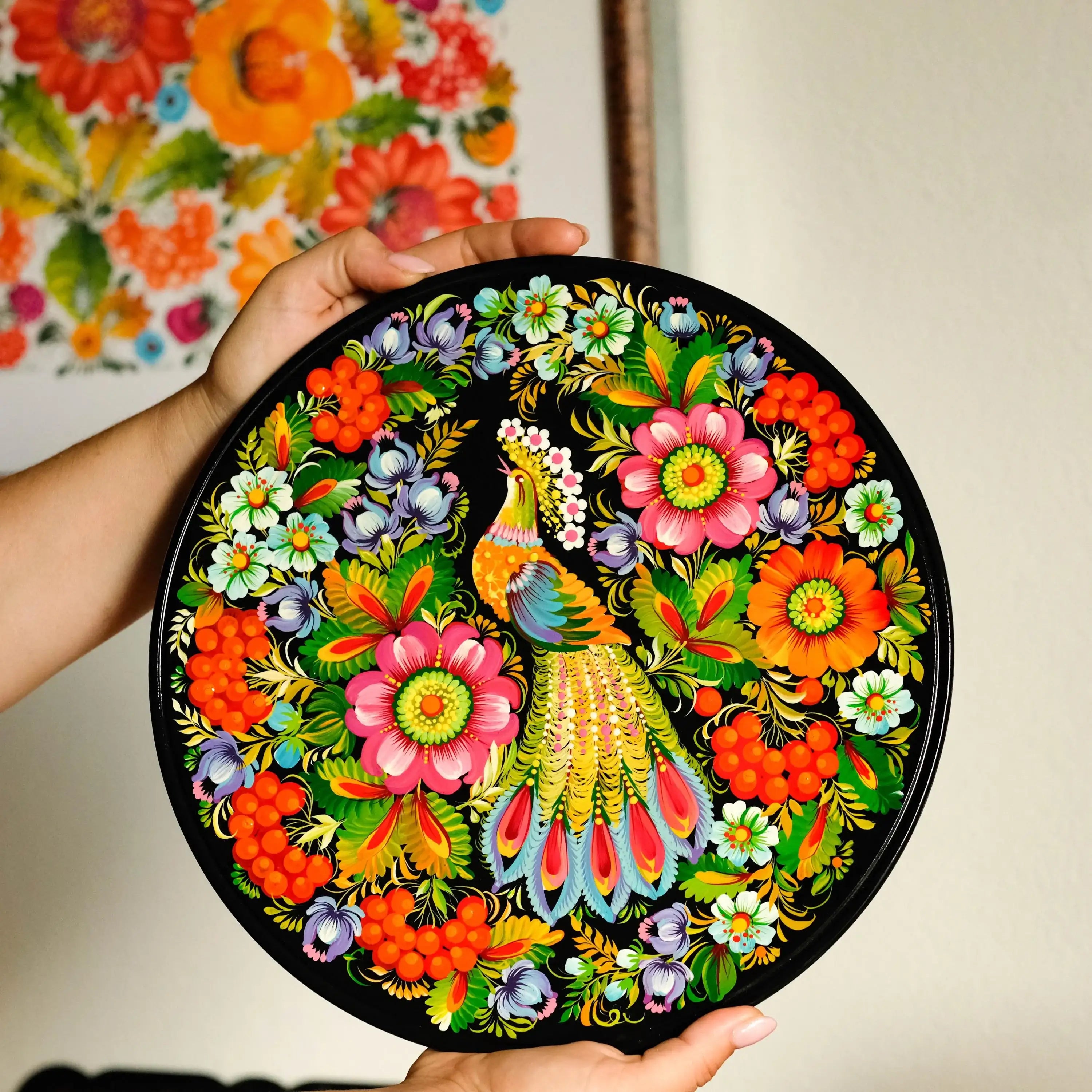 Decorative wooden plate 11.8 in - Hand-painted Ukrainian Wall Plate, Fairy Bird Plate Painted with Petrykivka Painting