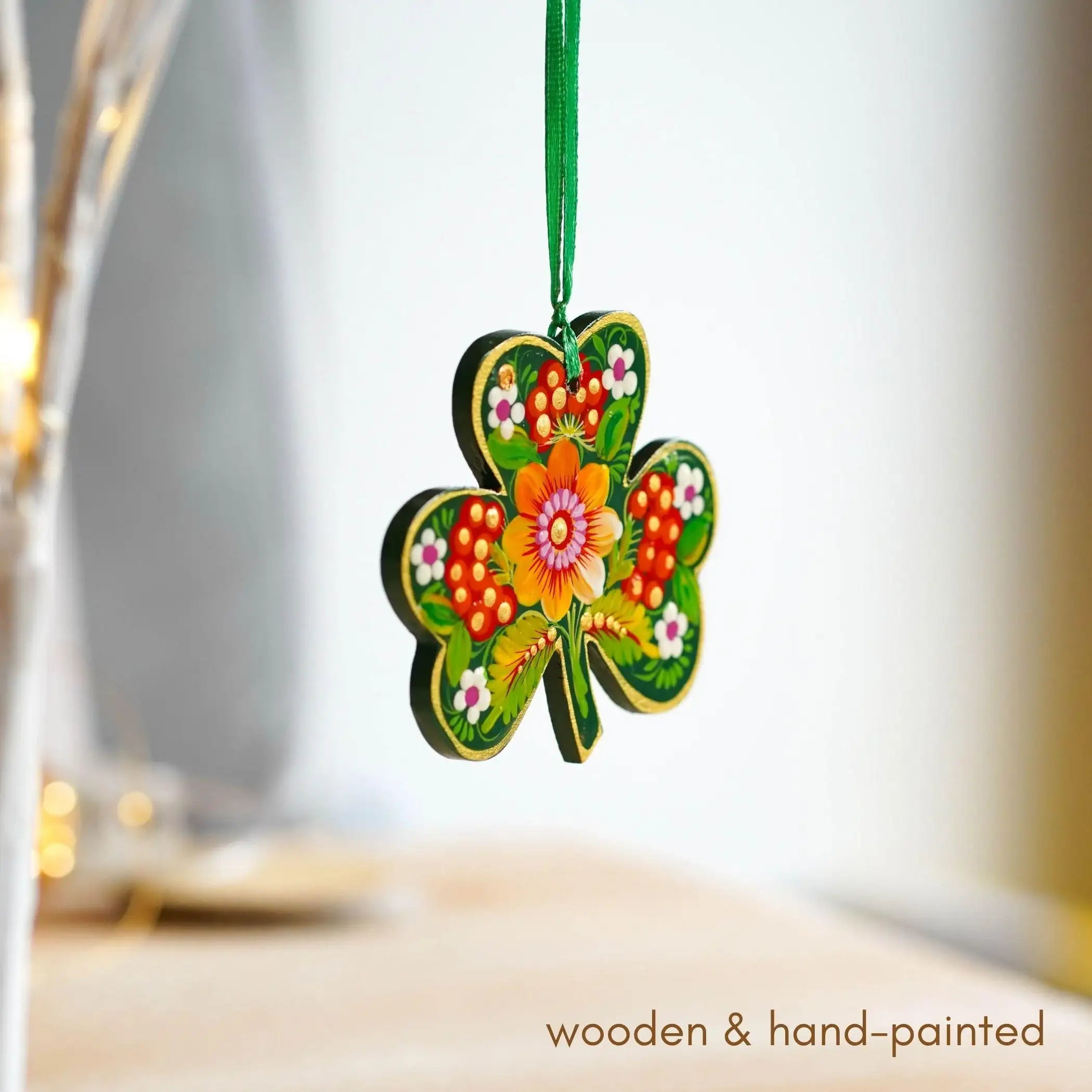 Set of 2 Painted Wooden St Patrick's Day Ornaments, Ukrainian Petrykivka Art Leprechaun & Clover Leaf Ornament, Handmade Irish Keepsake Gift