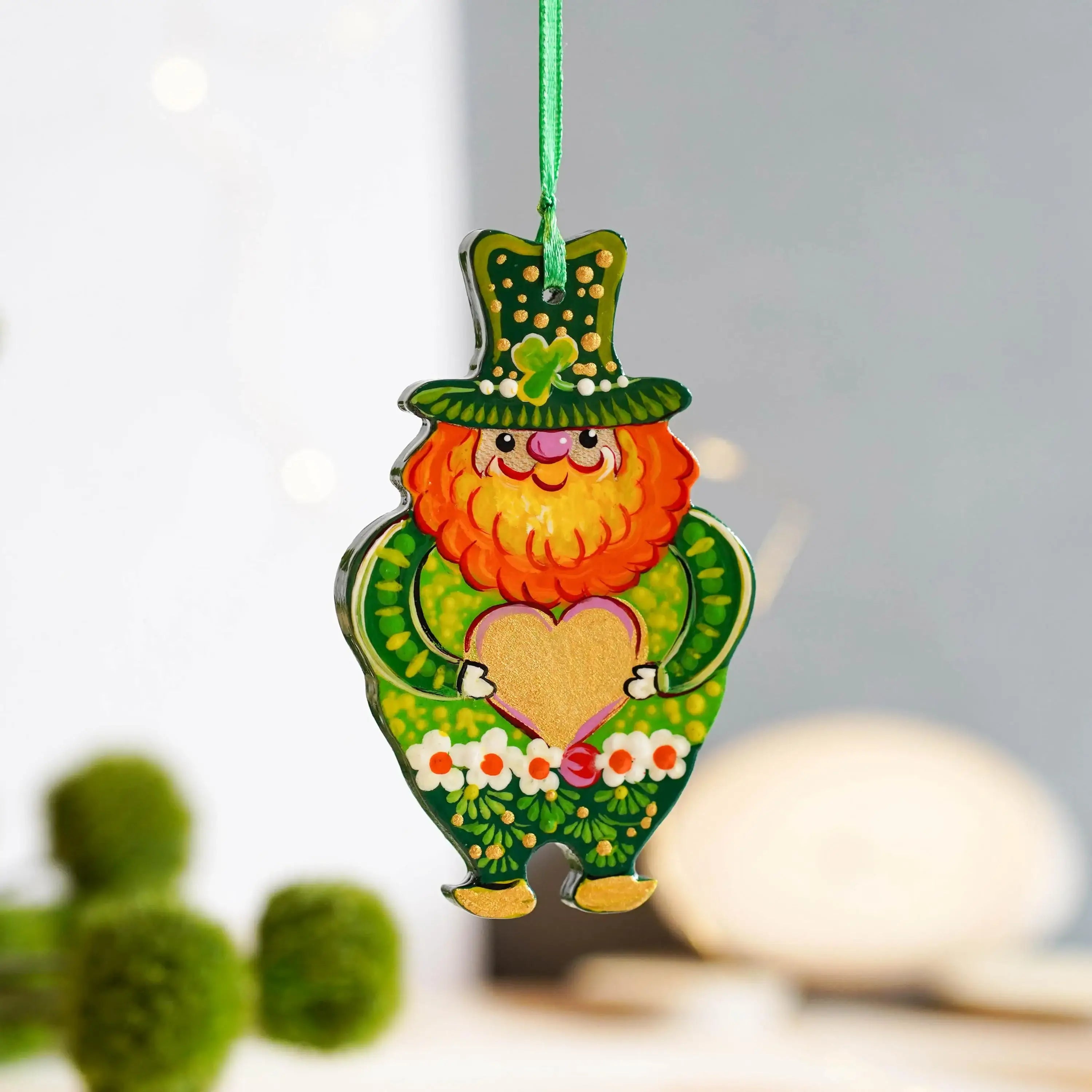 Set of 2 Painted Wooden St Patrick's Day Ornaments, Ukrainian Petrykivka Art Leprechaun & Clover Leaf Ornament, Handmade Irish Keepsake Gift