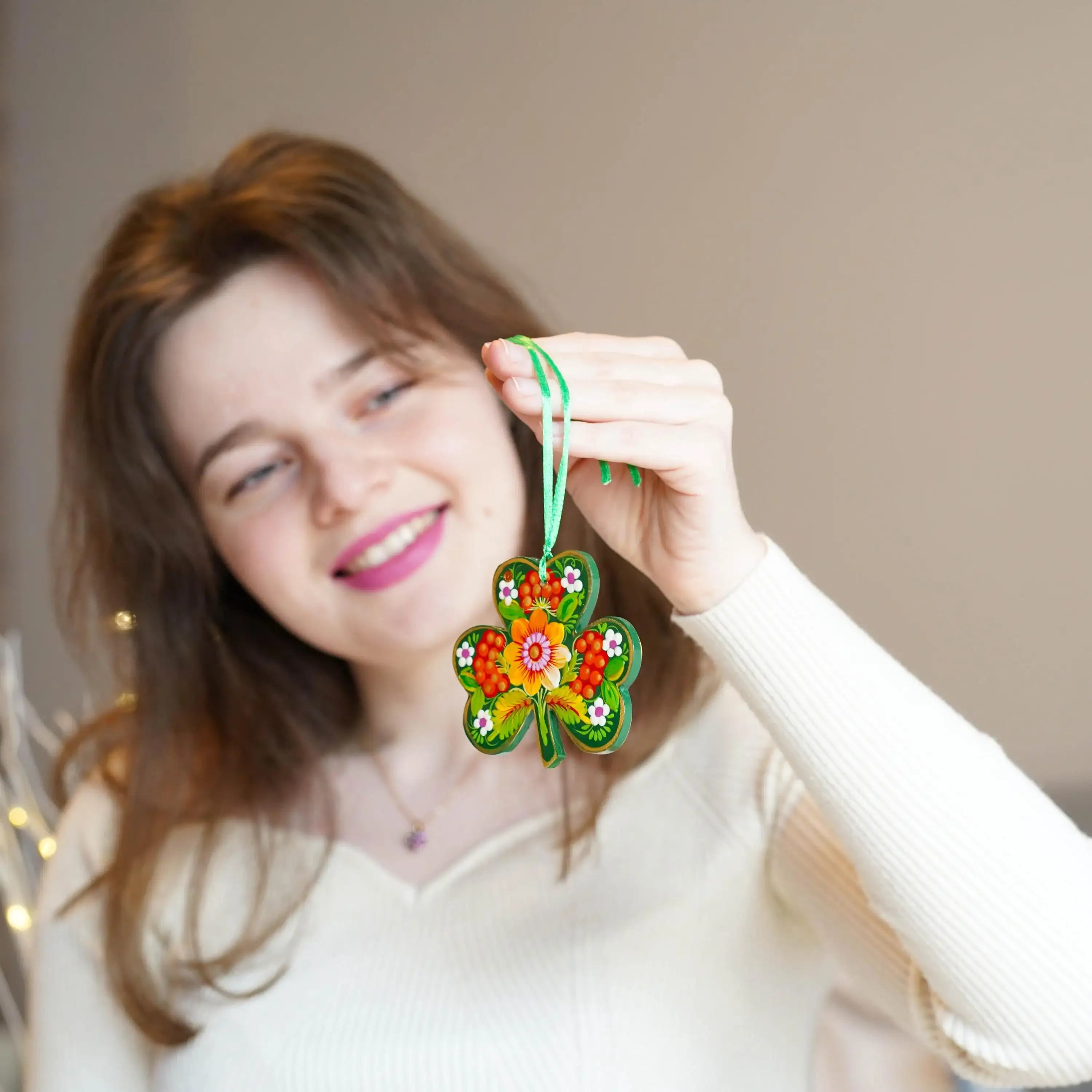 Set of 2 Painted Wooden St Patrick's Day Ornaments, Ukrainian Petrykivka Art Leprechaun & Clover Leaf Ornament, Handmade Irish Keepsake Gift