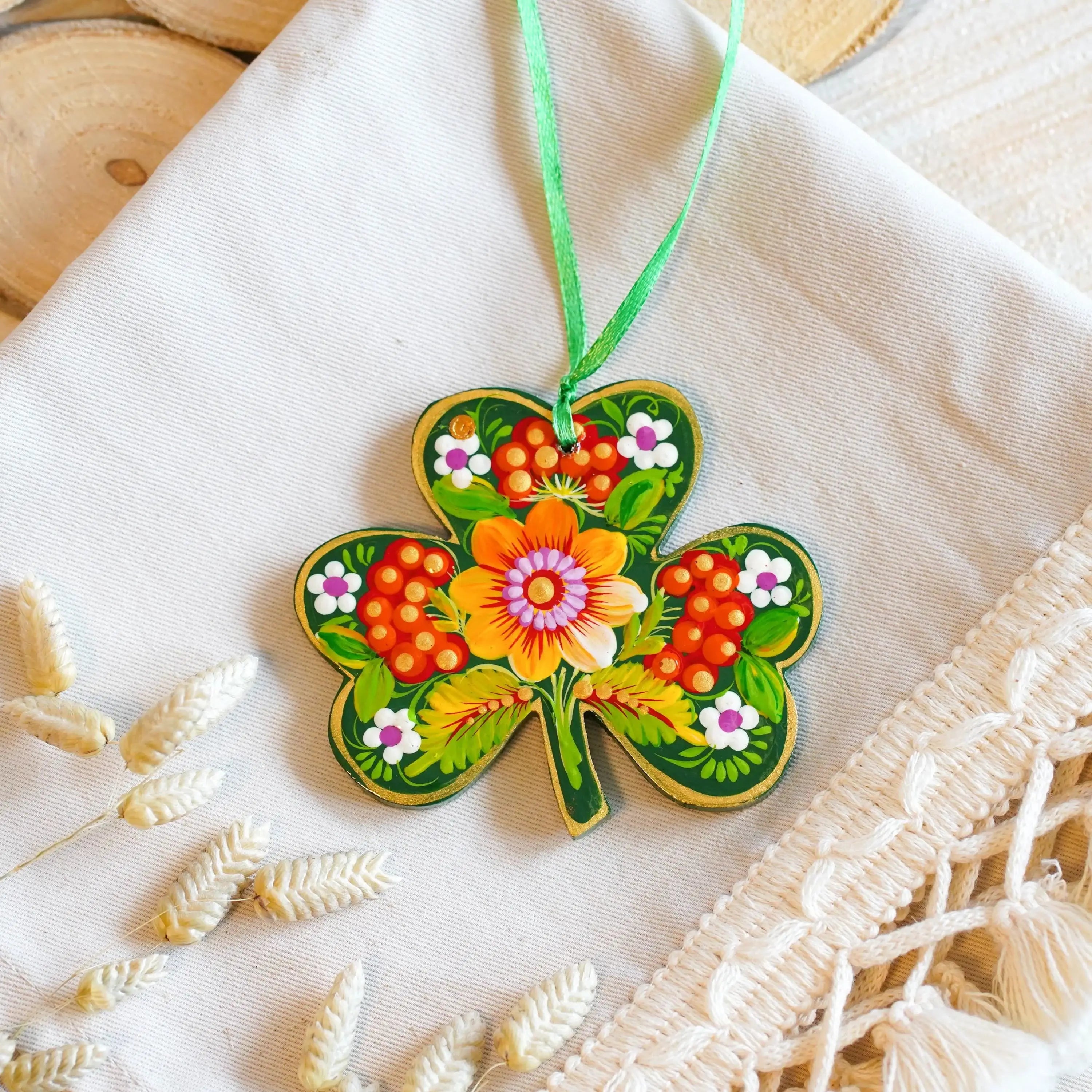 Set of 2 Painted Wooden St Patrick's Day Ornaments, Ukrainian Petrykivka Art Leprechaun & Clover Leaf Ornament, Handmade Irish Keepsake Gift