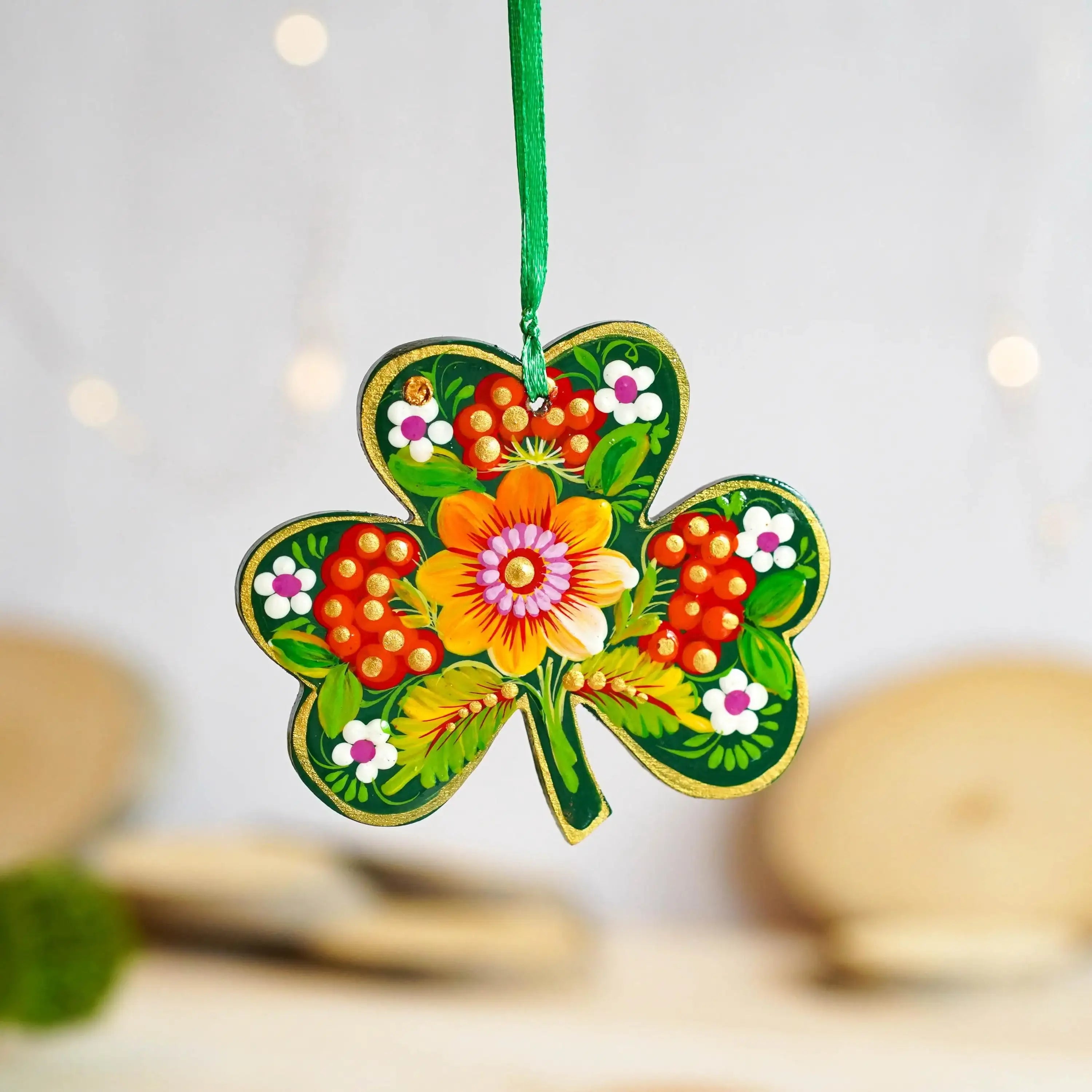 Set of 2 Painted Wooden St Patrick's Day Ornaments, Ukrainian Petrykivka Art Leprechaun & Clover Leaf Ornament, Handmade Irish Keepsake Gift