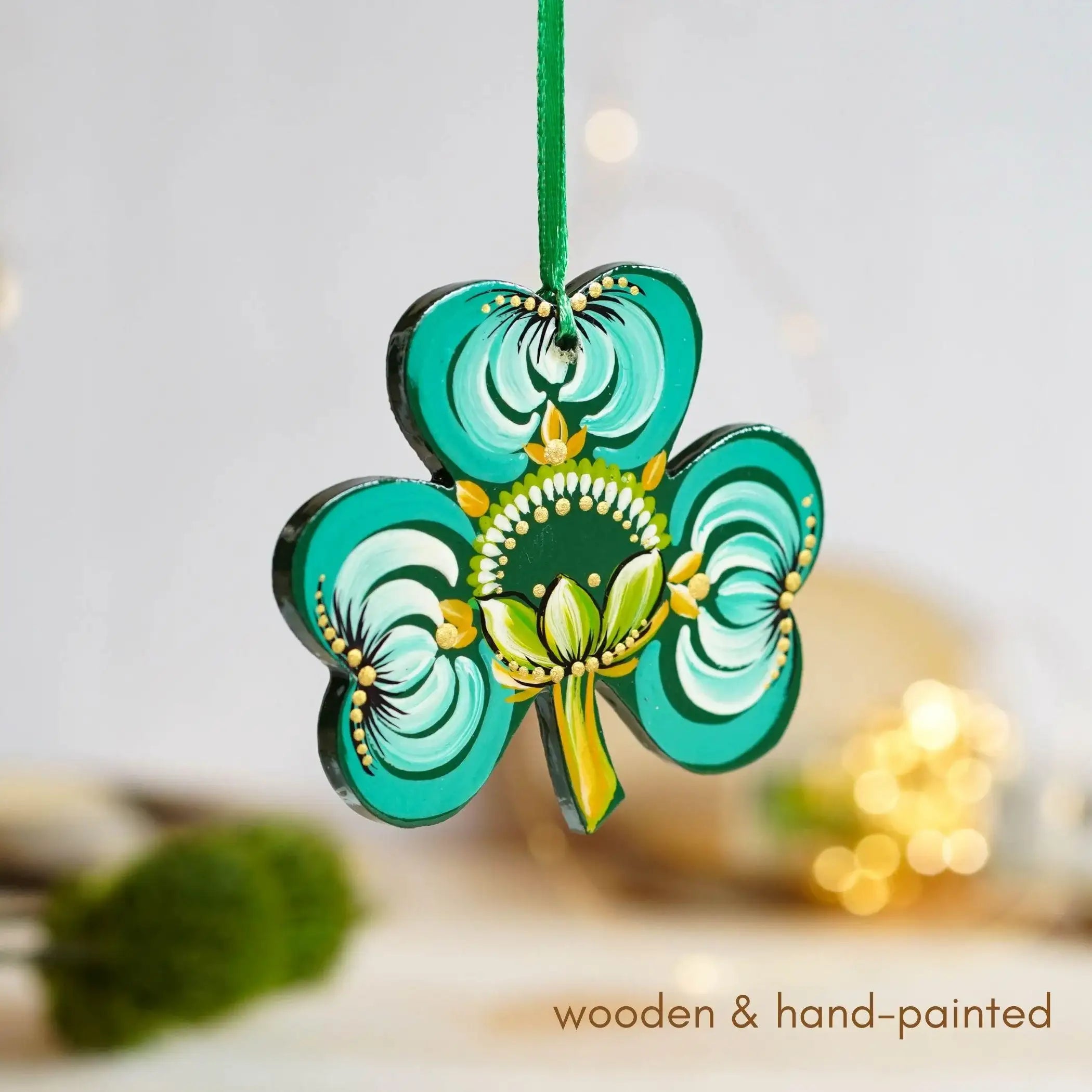 Painted Wooden St Patrick's Day Ornaments, Ukrainian Petrykivka Turquoise Clover Leaf Ornament, Handmade Irish Keepsake Gift