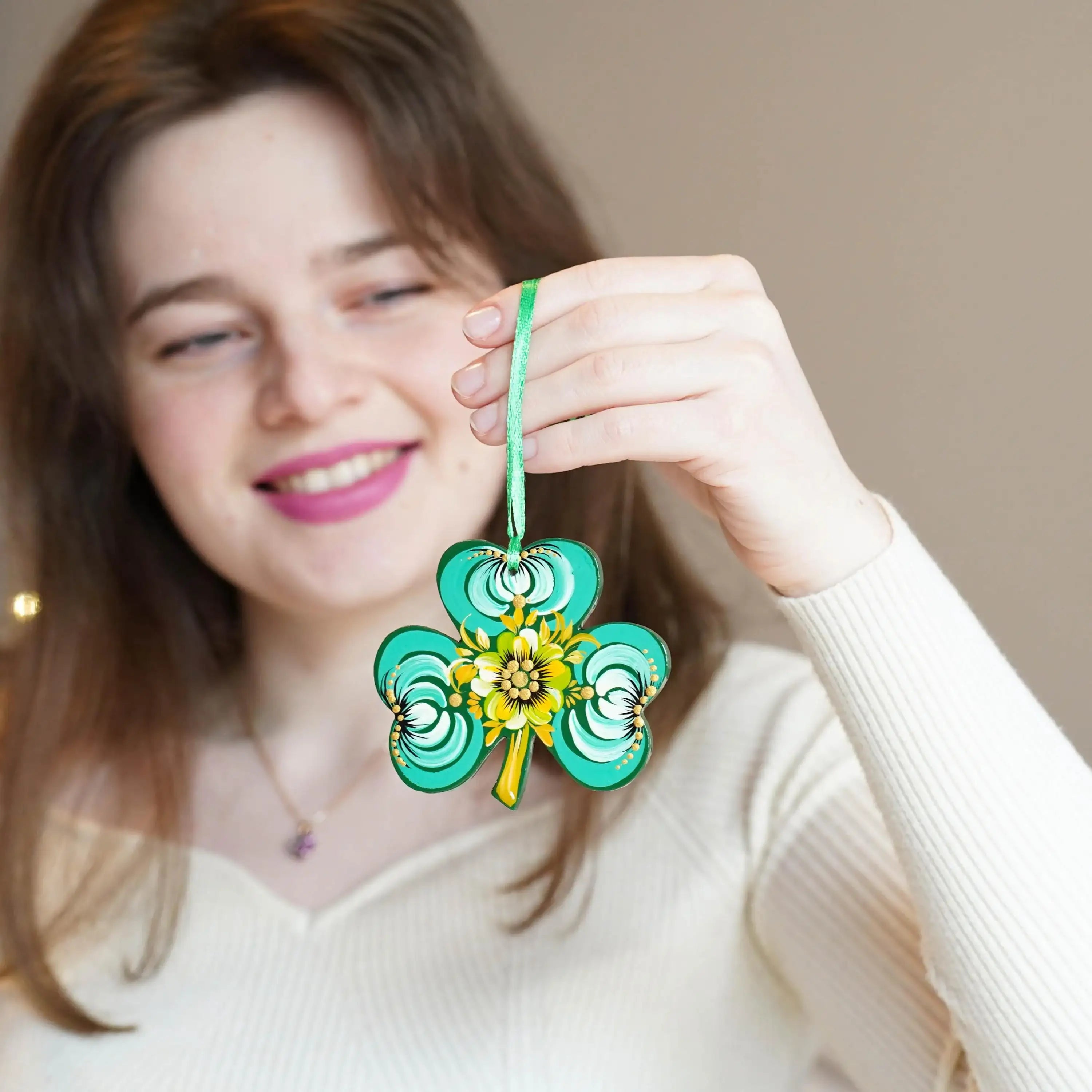 Painted Wooden St Patrick's Day Ornaments, Ukrainian Petrykivka Turquoise Clover Leaf Ornament, Handmade Irish Keepsake Gift