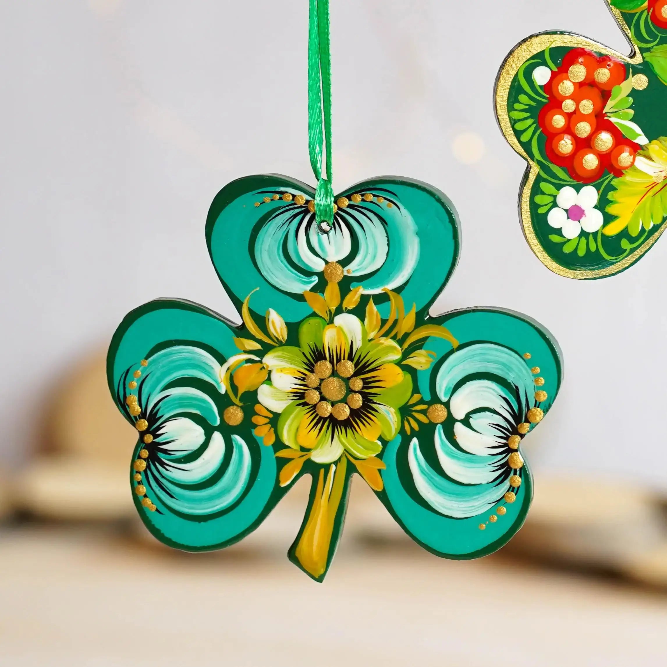 Painted Wooden St Patrick's Day Ornaments, Ukrainian Petrykivka Turquoise Clover Leaf Ornament, Handmade Irish Keepsake Gift