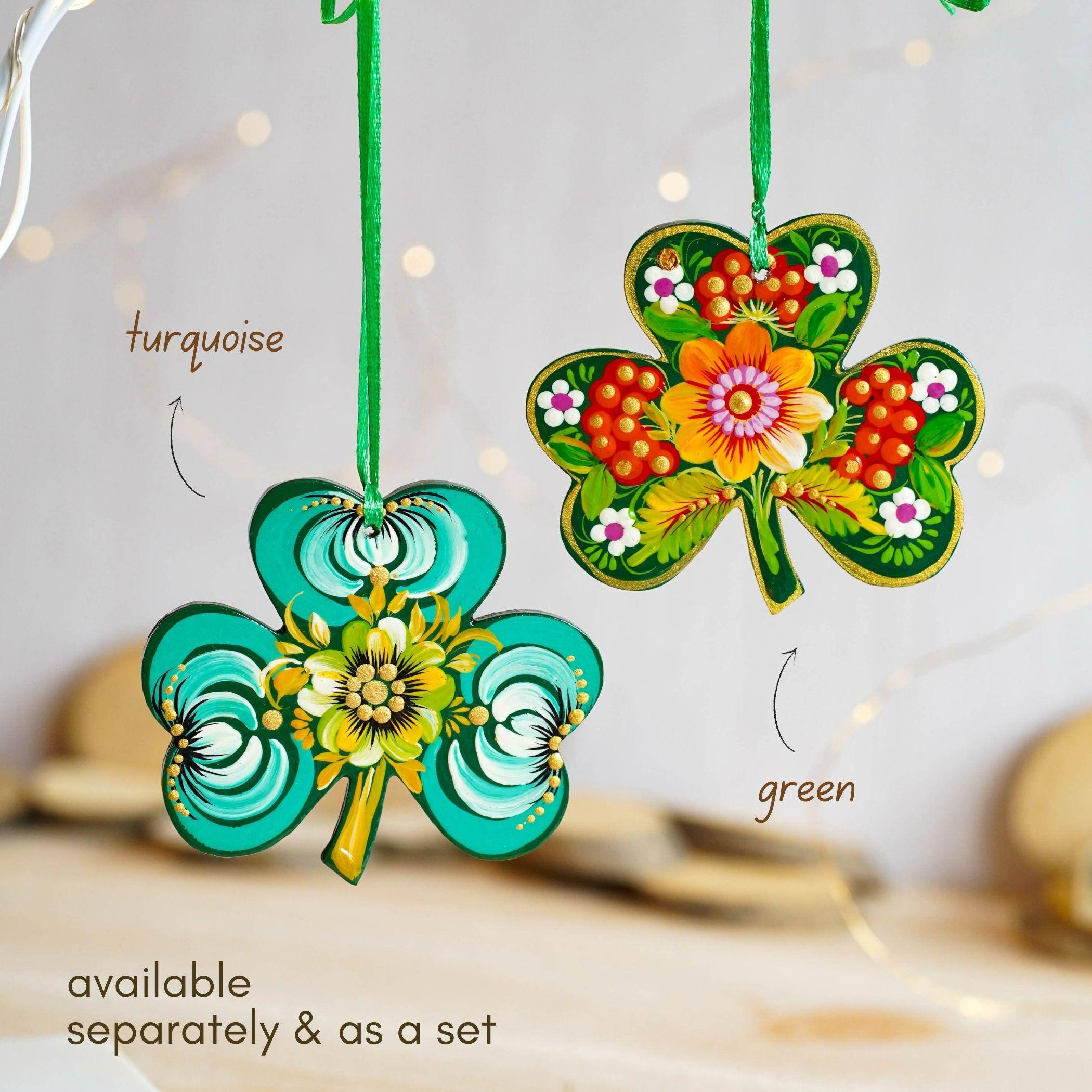 Painted Wooden St Patrick's Day Ornaments, Ukrainian Petrykivka Turquoise Clover Leaf Ornament, Handmade Irish Keepsake Gift