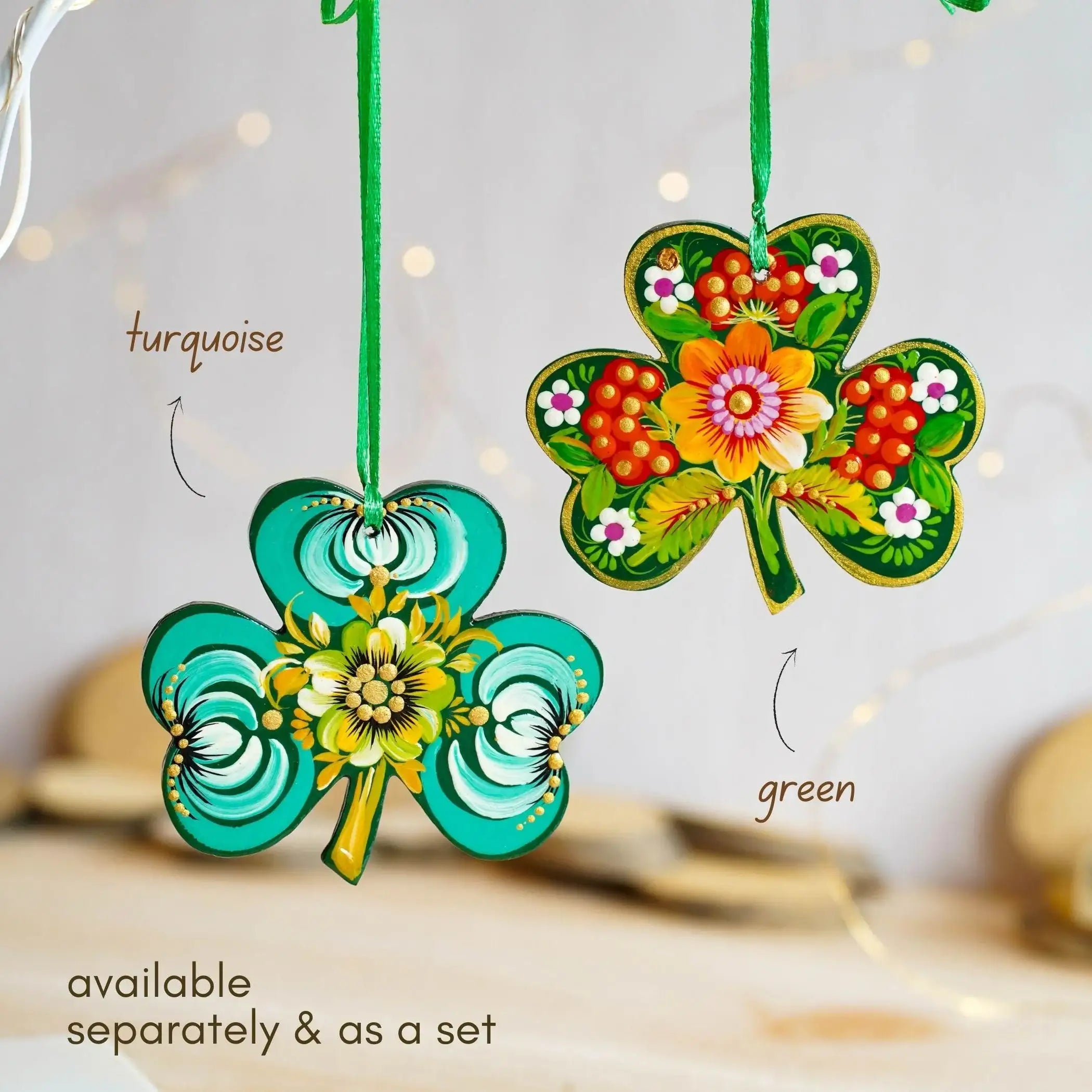 Painted Wooden St Patrick's Day Ornaments, Ukrainian Petrykivka Turquoise Clover Leaf Ornament, Handmade Irish Keepsake Gift