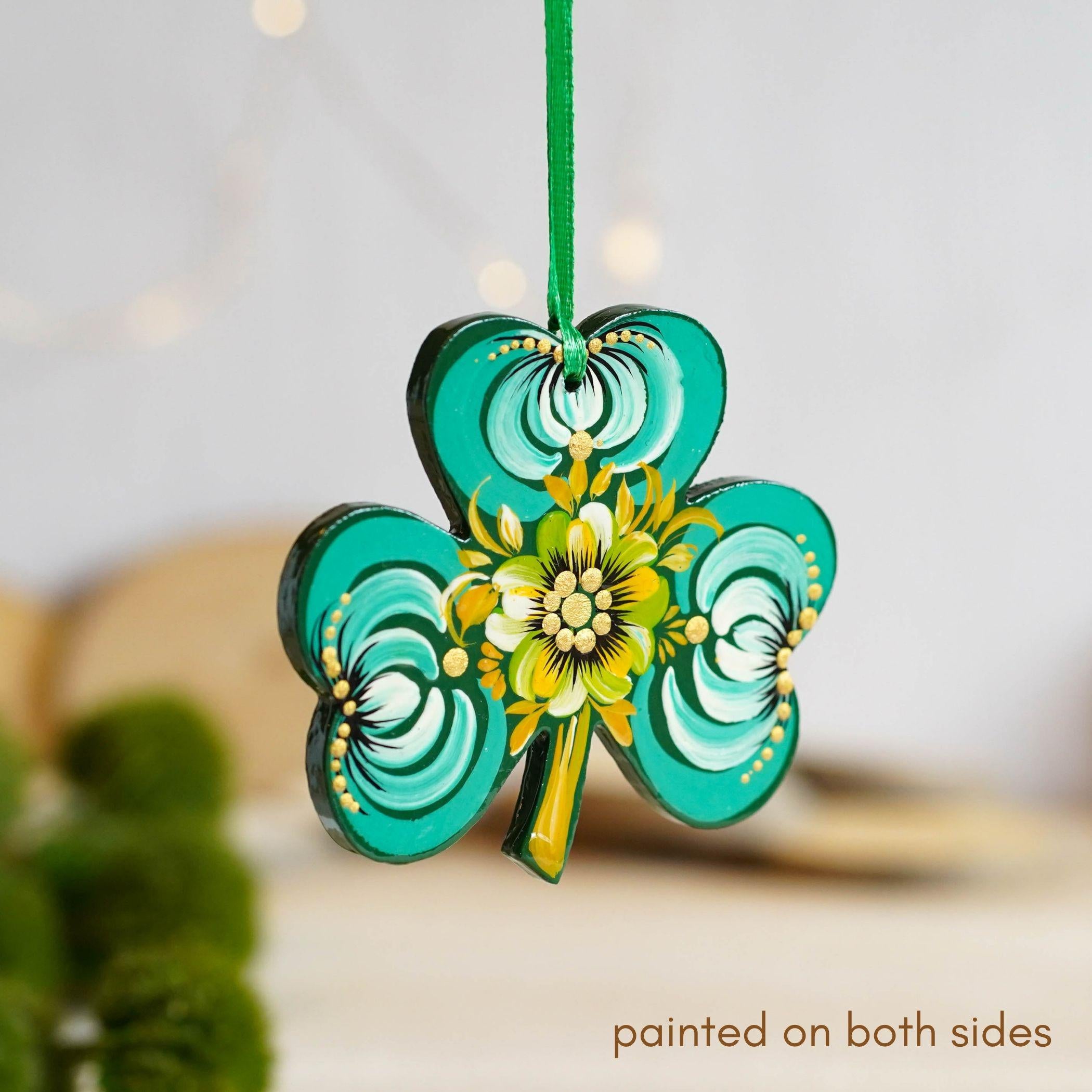 Painted Wooden St Patrick's Day Ornaments, Ukrainian Petrykivka Turquoise Clover Leaf Ornament, Handmade Irish Keepsake Gift