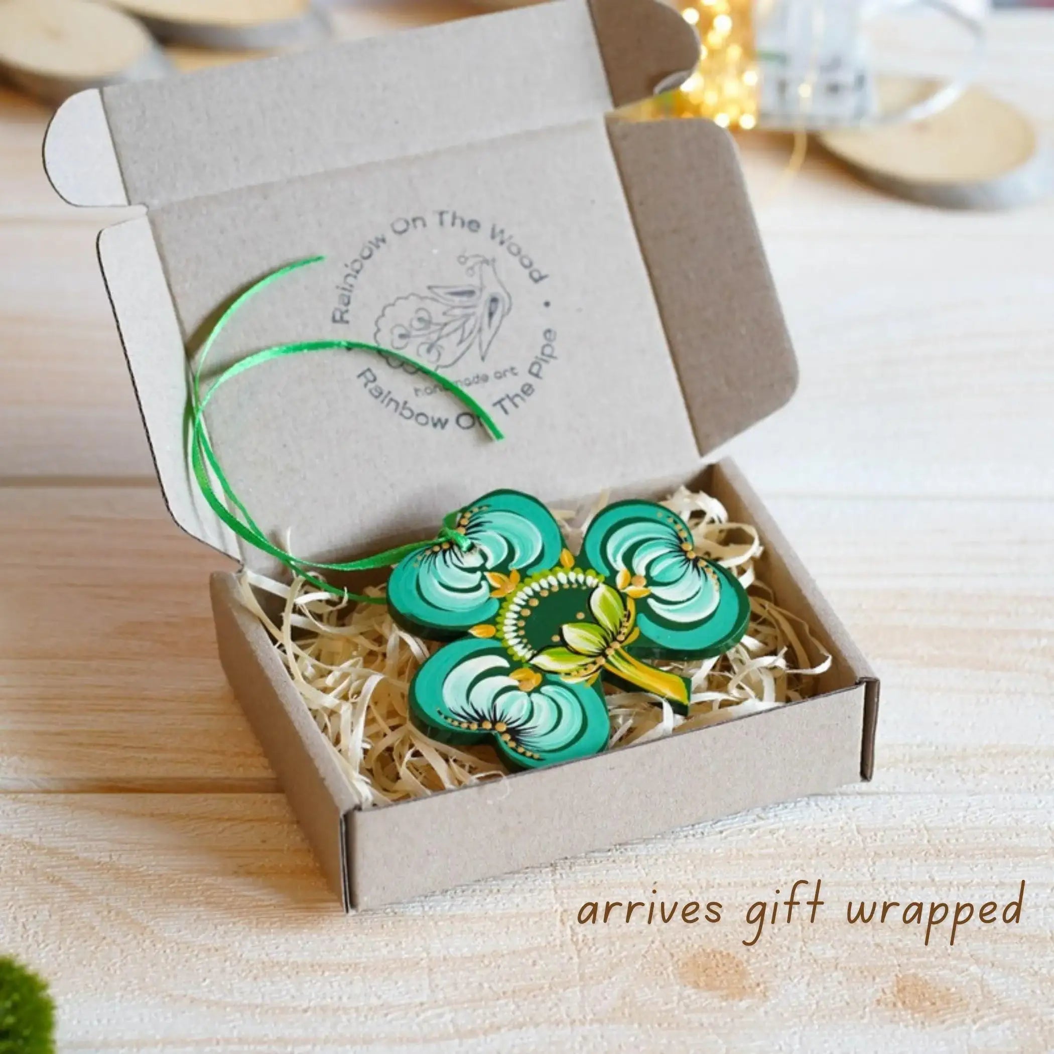 Painted Wooden St Patrick's Day Ornaments, Ukrainian Petrykivka Turquoise Clover Leaf Ornament, Handmade Irish Keepsake Gift