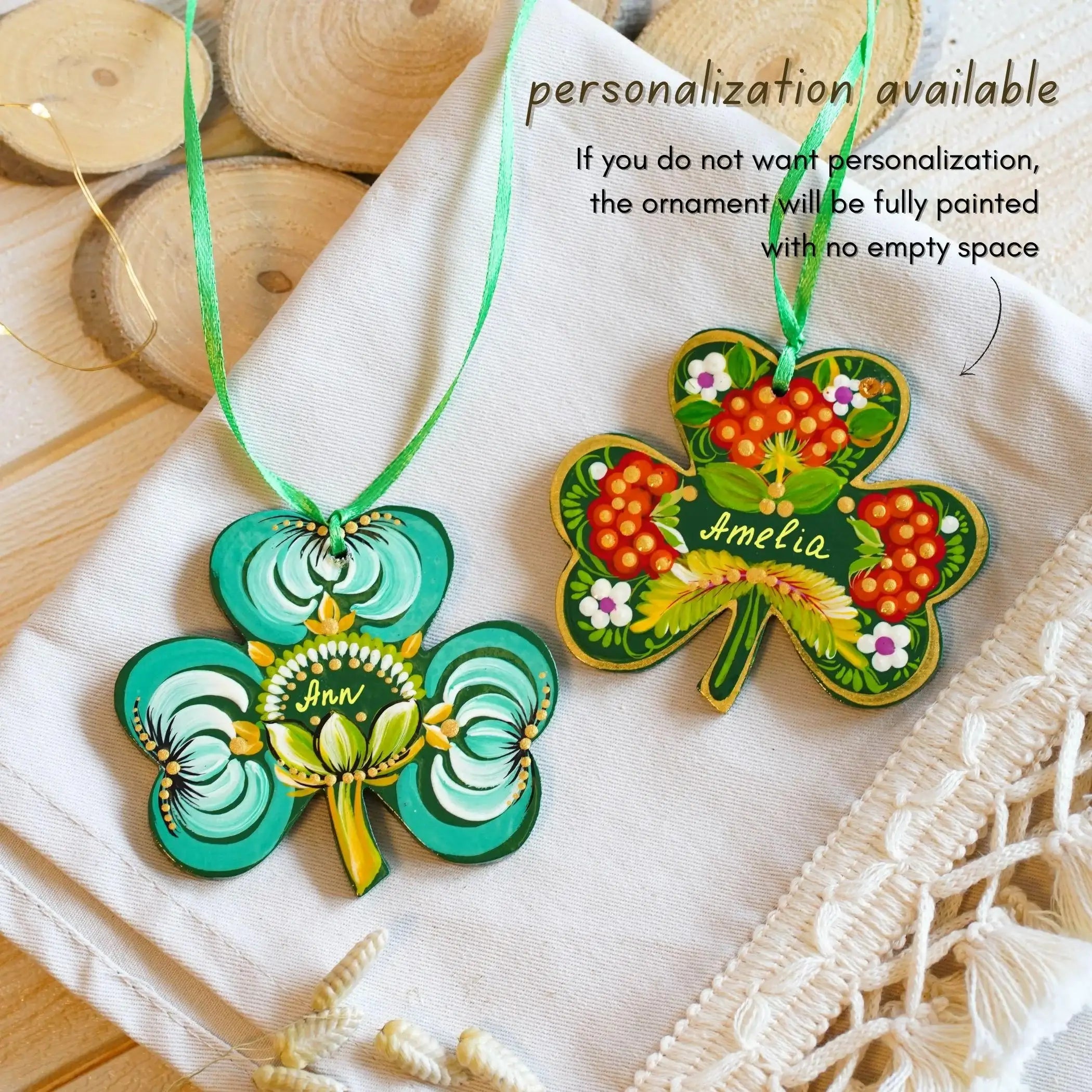 Painted Wooden St Patrick's Day Ornaments, Ukrainian Petrykivka Turquoise Clover Leaf Ornament, Handmade Irish Keepsake Gift