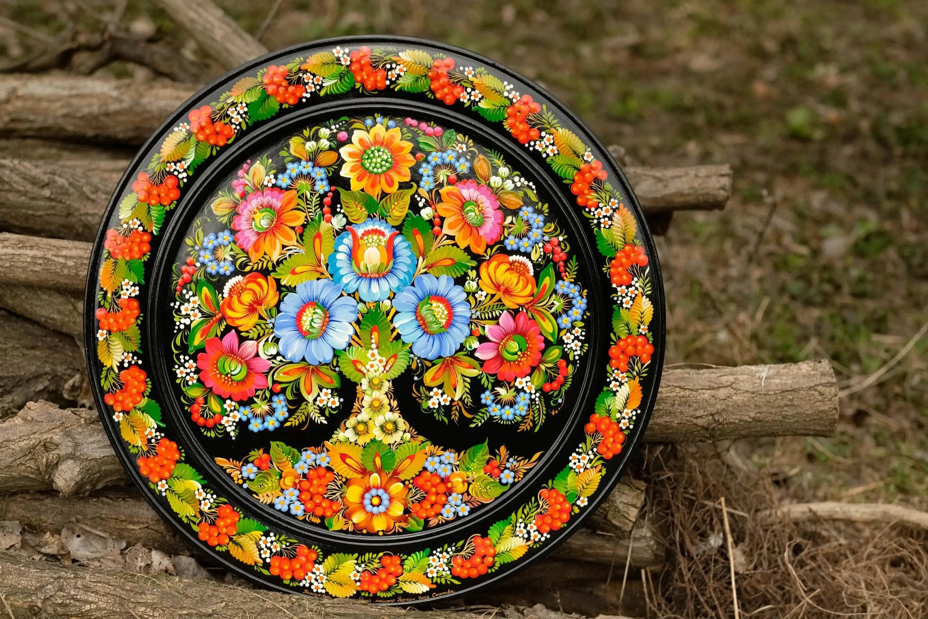 Large Painted Decorative Wooden Plate - Ukrainian Tree of Life Wall Plate with Petrykivka Painting
