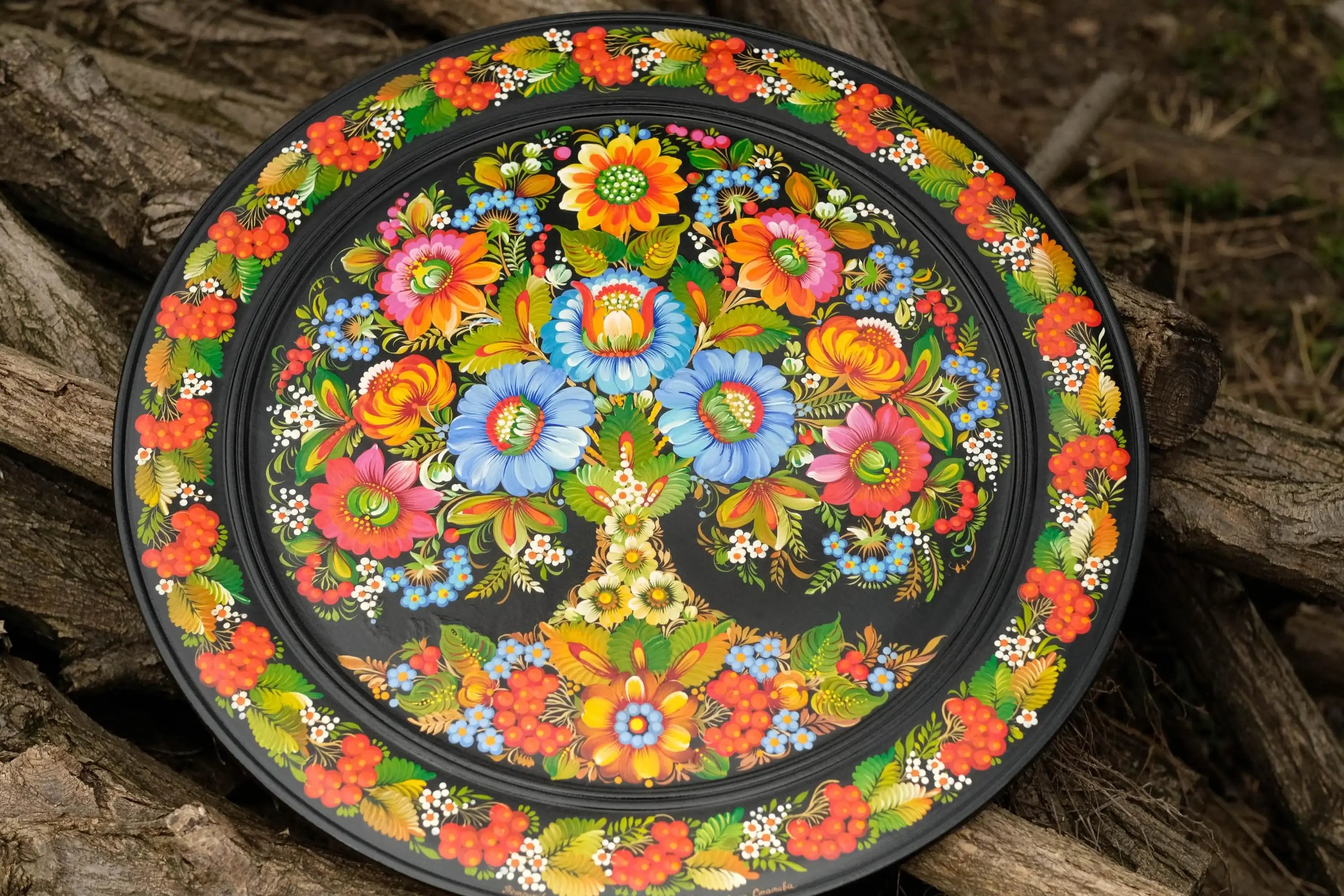 Large Painted Decorative Wooden Plate - Ukrainian Tree of Life Wall Plate with Petrykivka Painting