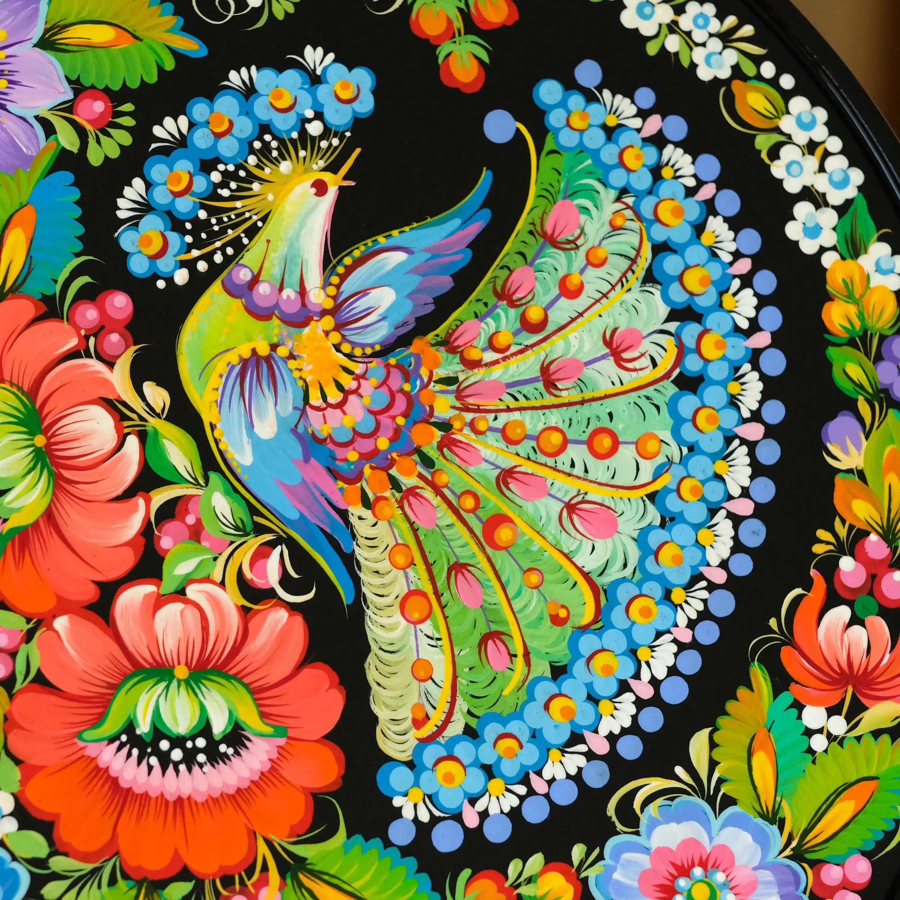 Large Wooden Decorative Plate with Petrykivka Art - Hand-painted Fairy Bird Ukrainian Wall Plate