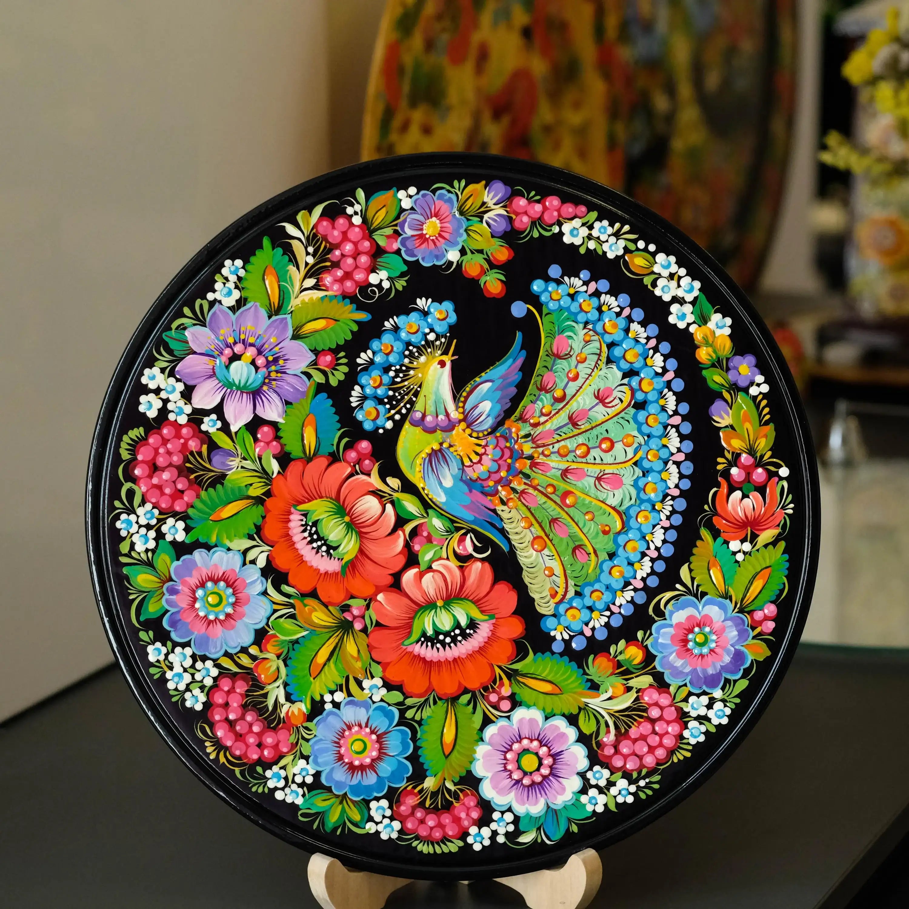 Large Wooden Decorative Plate with Petrykivka Art - Hand-painted Fairy Bird Ukrainian Wall Plate