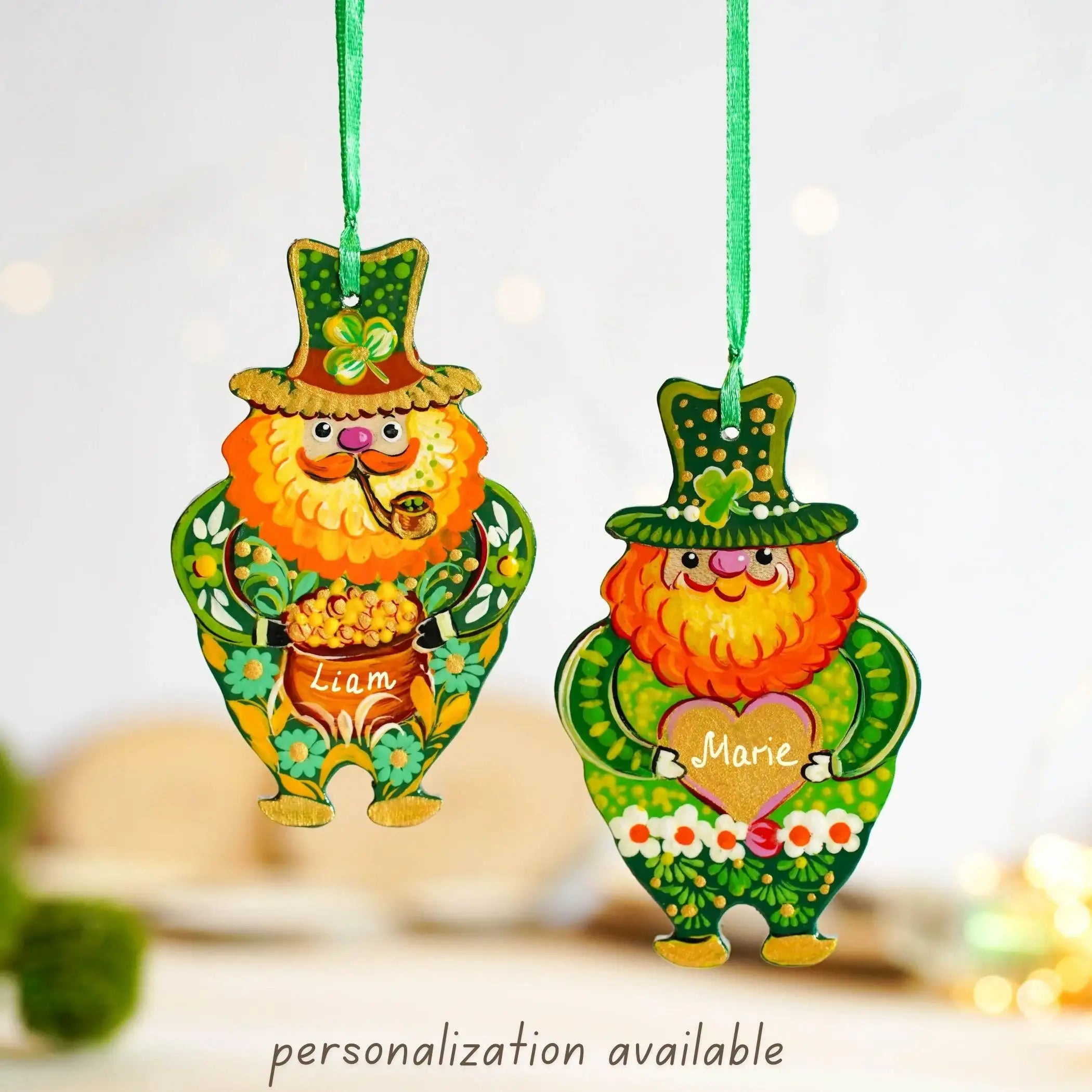 Painted Wooden Smoking Leprechaun Ornament - Ukrainian Petrykivka Art St Patrick's Day Decor, Irish Keepsake Gift