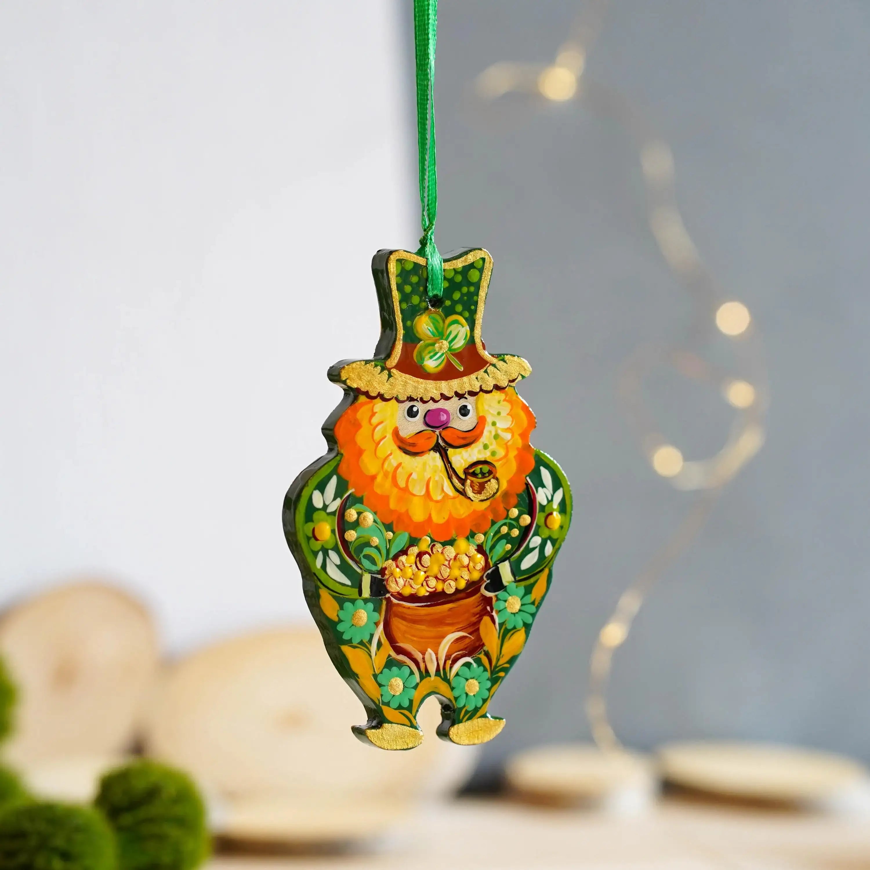 Painted Wooden Smoking Leprechaun Ornament - Ukrainian Petrykivka Art St Patrick's Day Decor, Irish Keepsake Gift